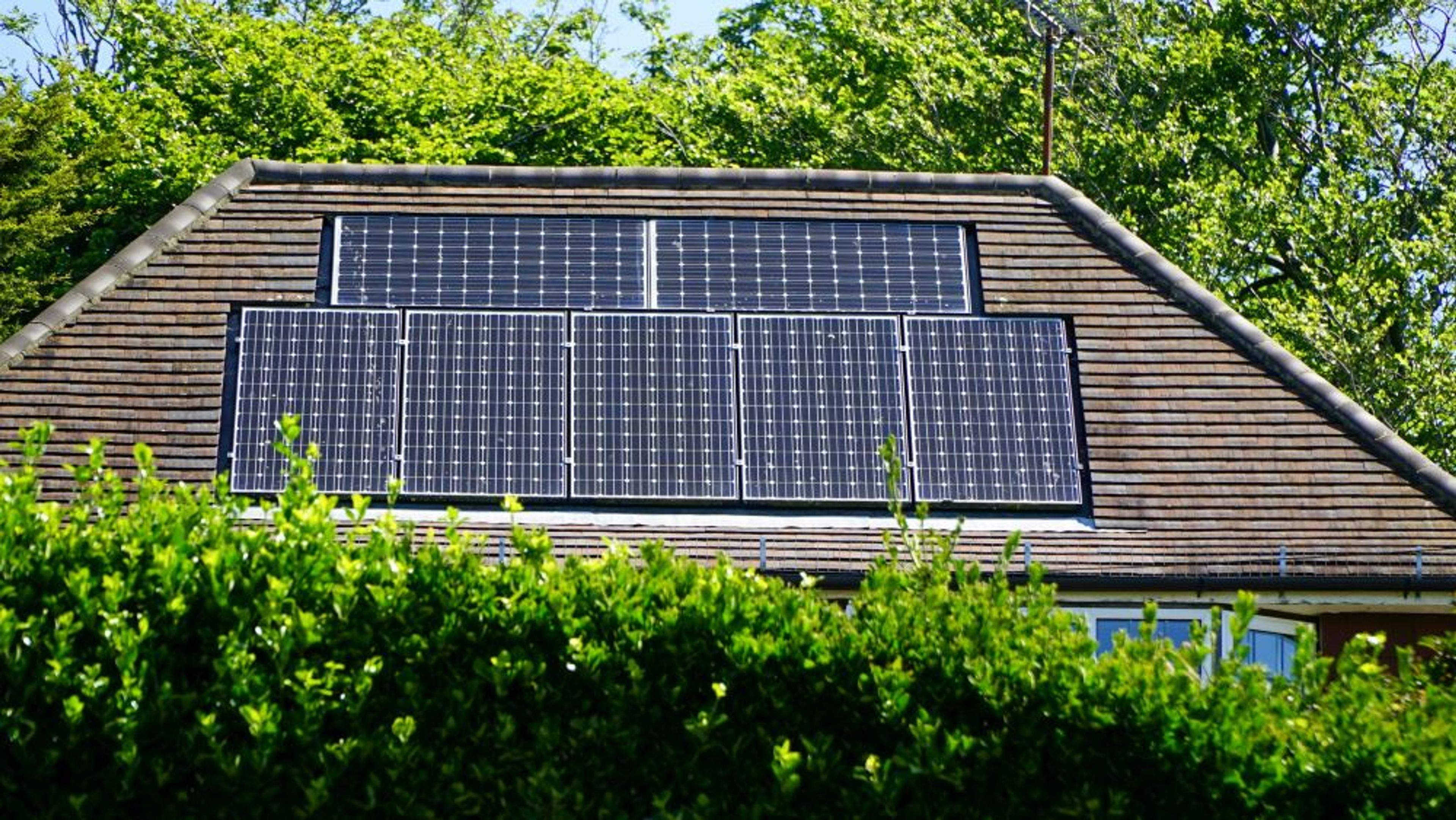 Panneaux solaires installés sur le toit incliné d’une maison, entourée de verdure et d’arbres
