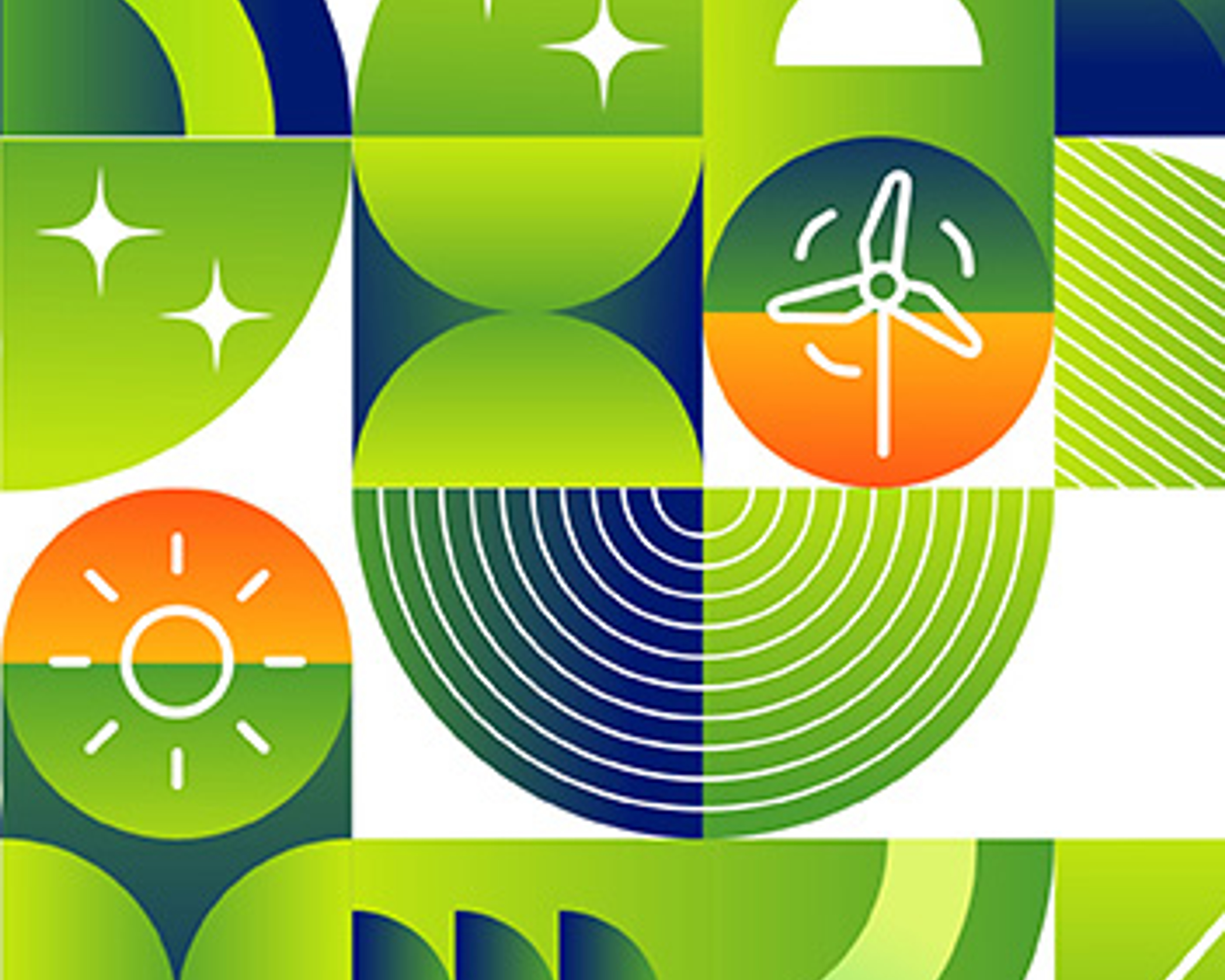 Banner Electrification Day met grafische elementen: windmolen, zon, bliksem.