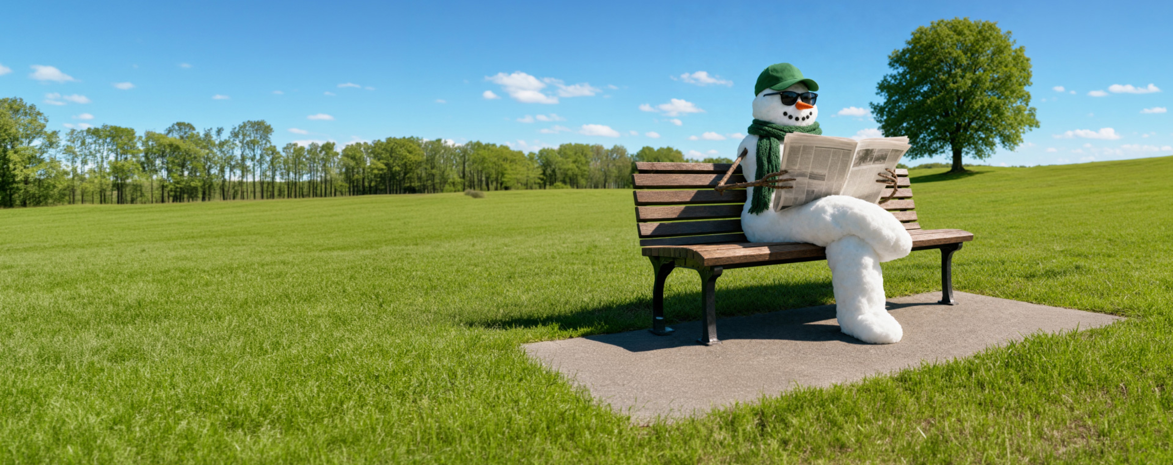 Sneewman met zonnebril en groene pet en sjaal op een bankje, genietend in de zon, leest de krant.
