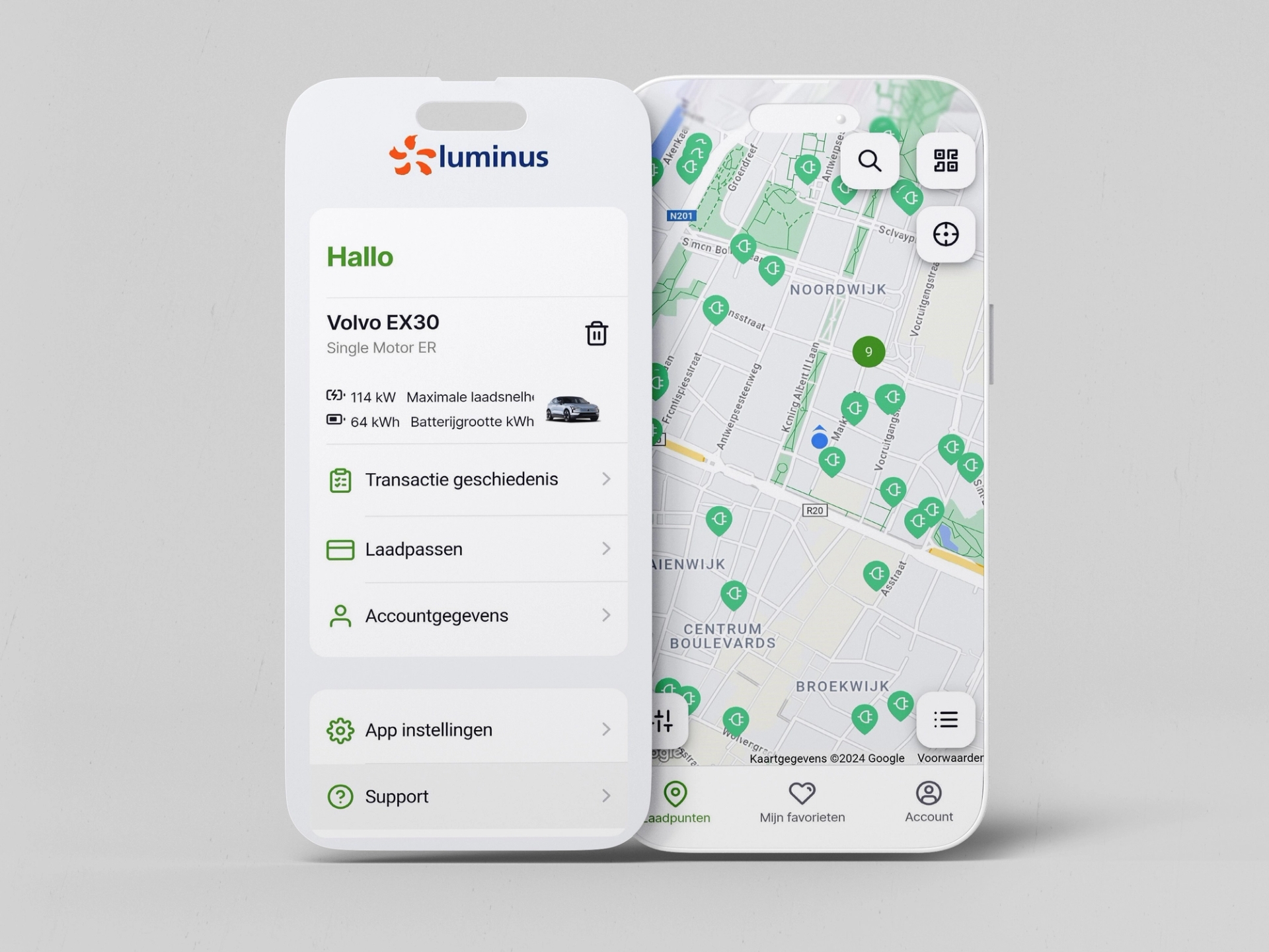 Application mobile Luminus montrant le tableau de bord d’un véhicule électrique et la localisation des bornes de recharge sur une carte interactive