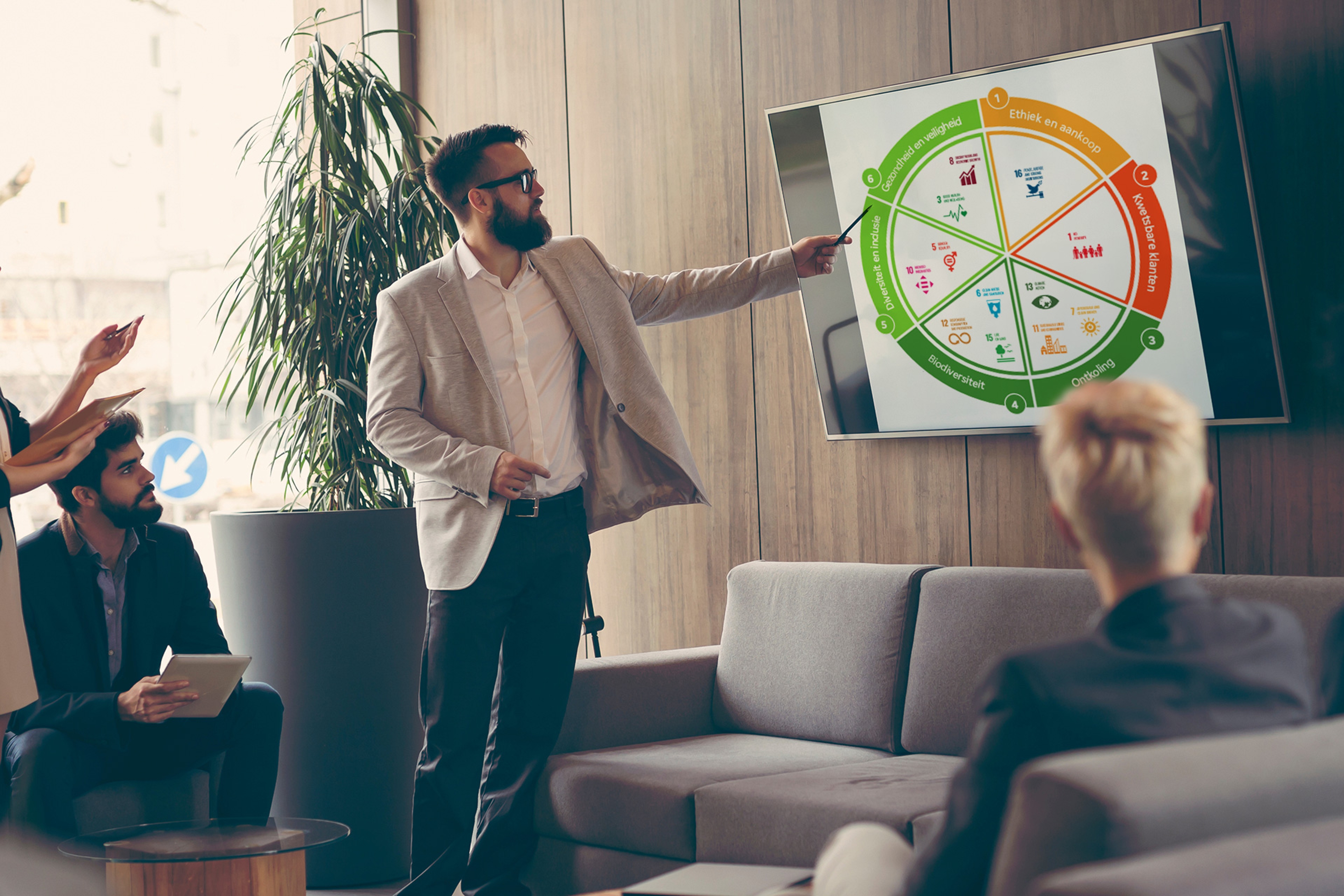 6 Luminus-doelen SDG's, man toont wielgrafiek aan collega's
