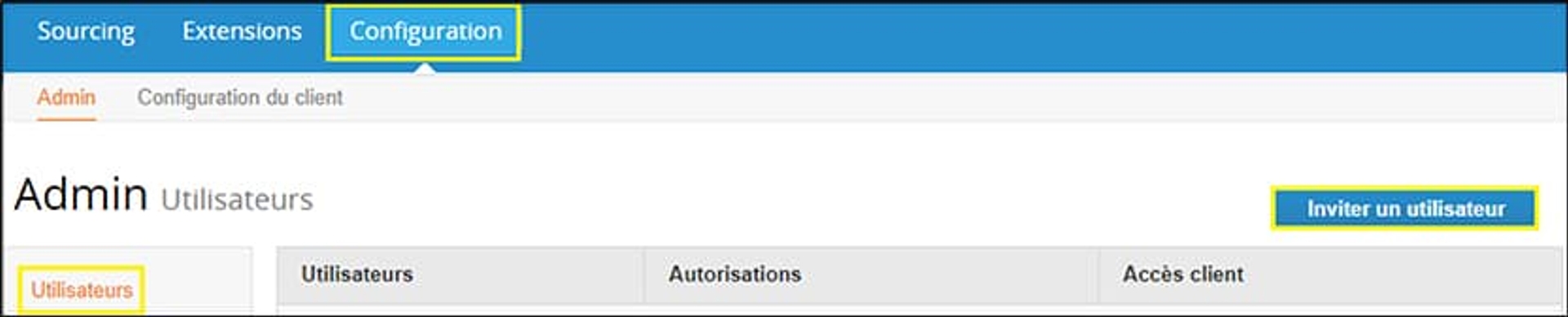 Screenshot Coupa - Configuration utilisateurs