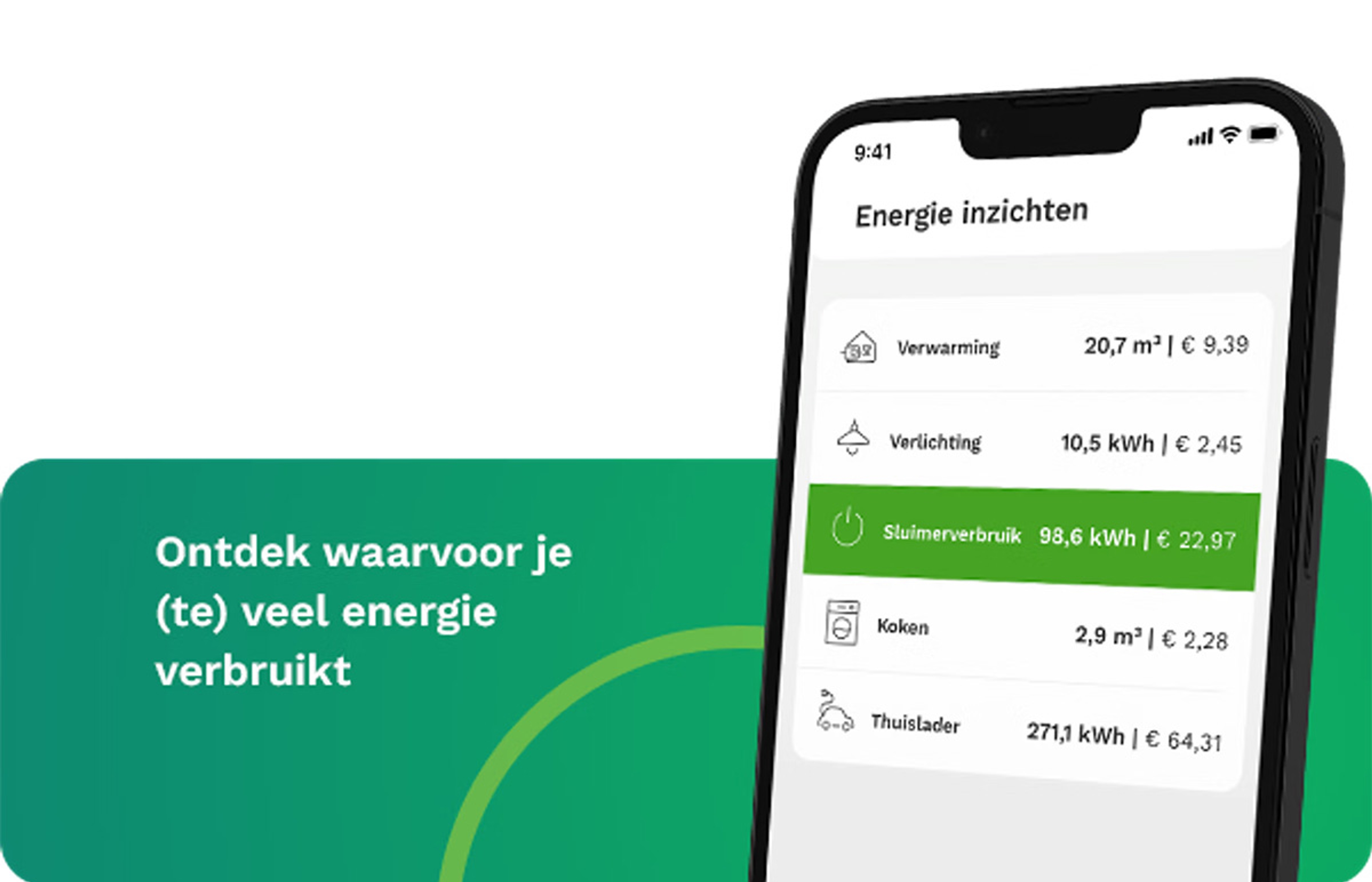 Screenshot uitgelicht op scherm smartphone: "Ontdek je energieverslinders"