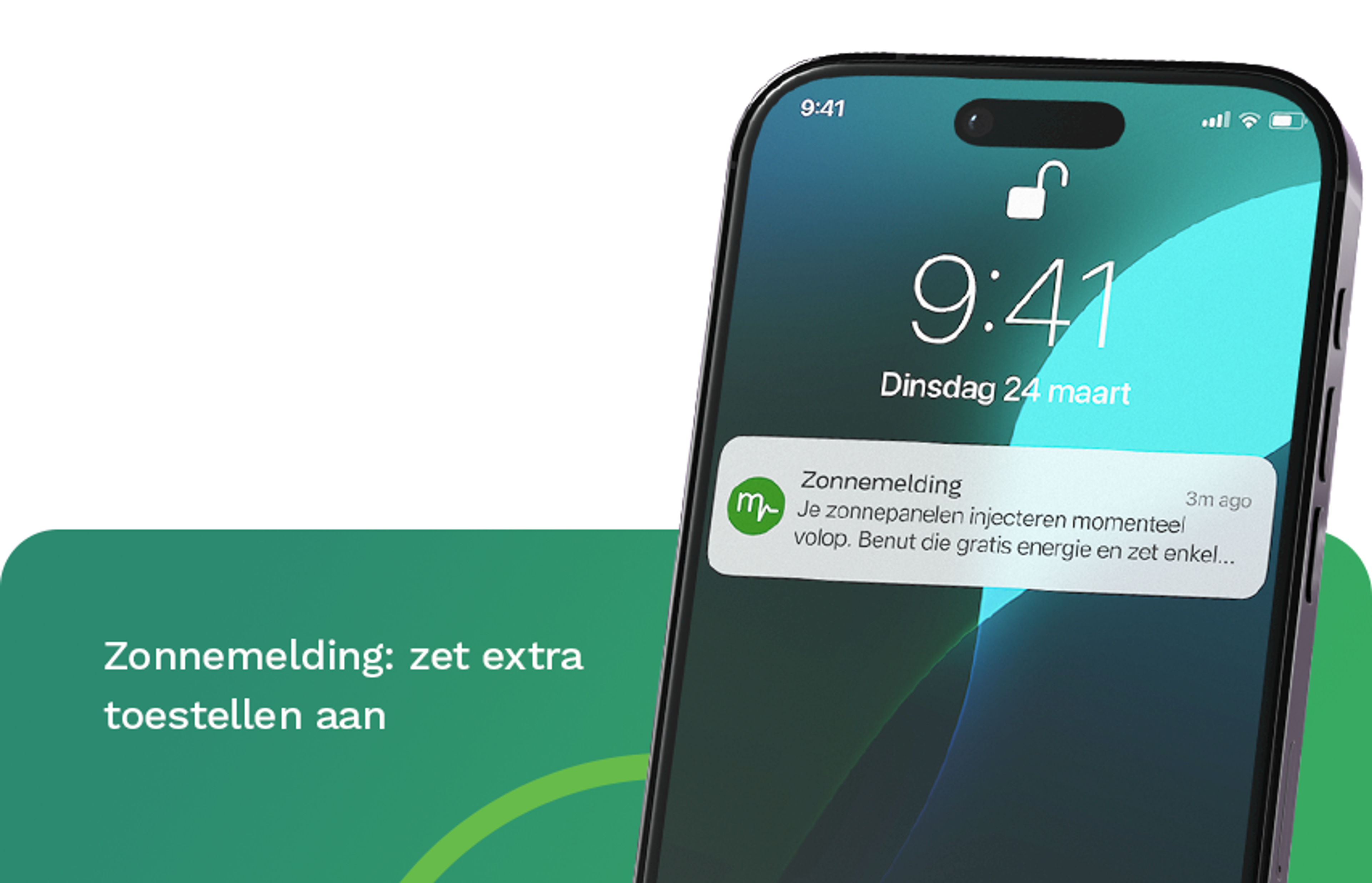 Screenshot uitgelicht op scherm smartphone: "zonnemelding: zet extra toestellen aan"..