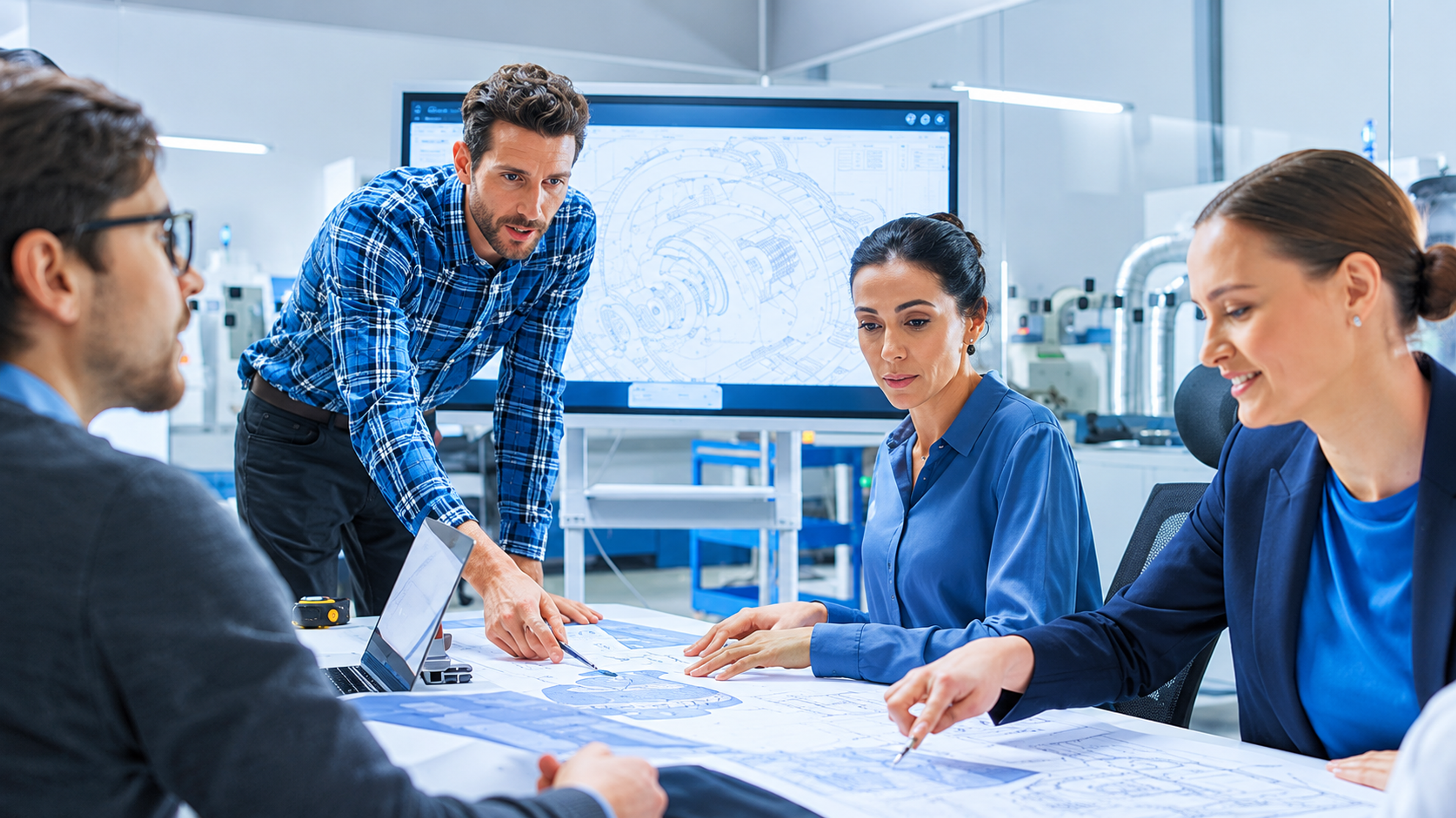 Quatre ingénieurs sont réunis autour d’une table sur laquelle sont disposés des plans.