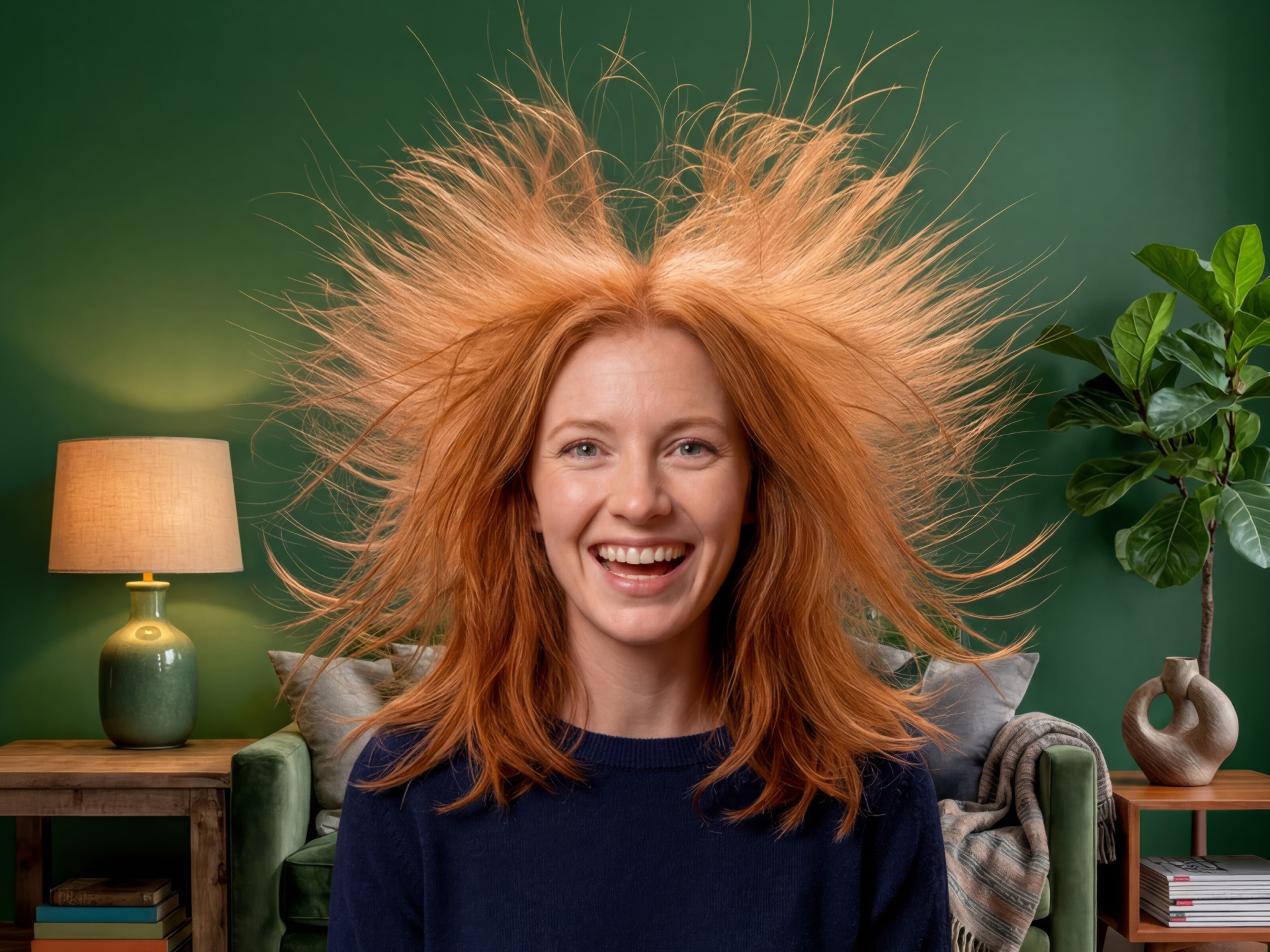 Statische haren die rechtop staan van een mooie roodharige dame.