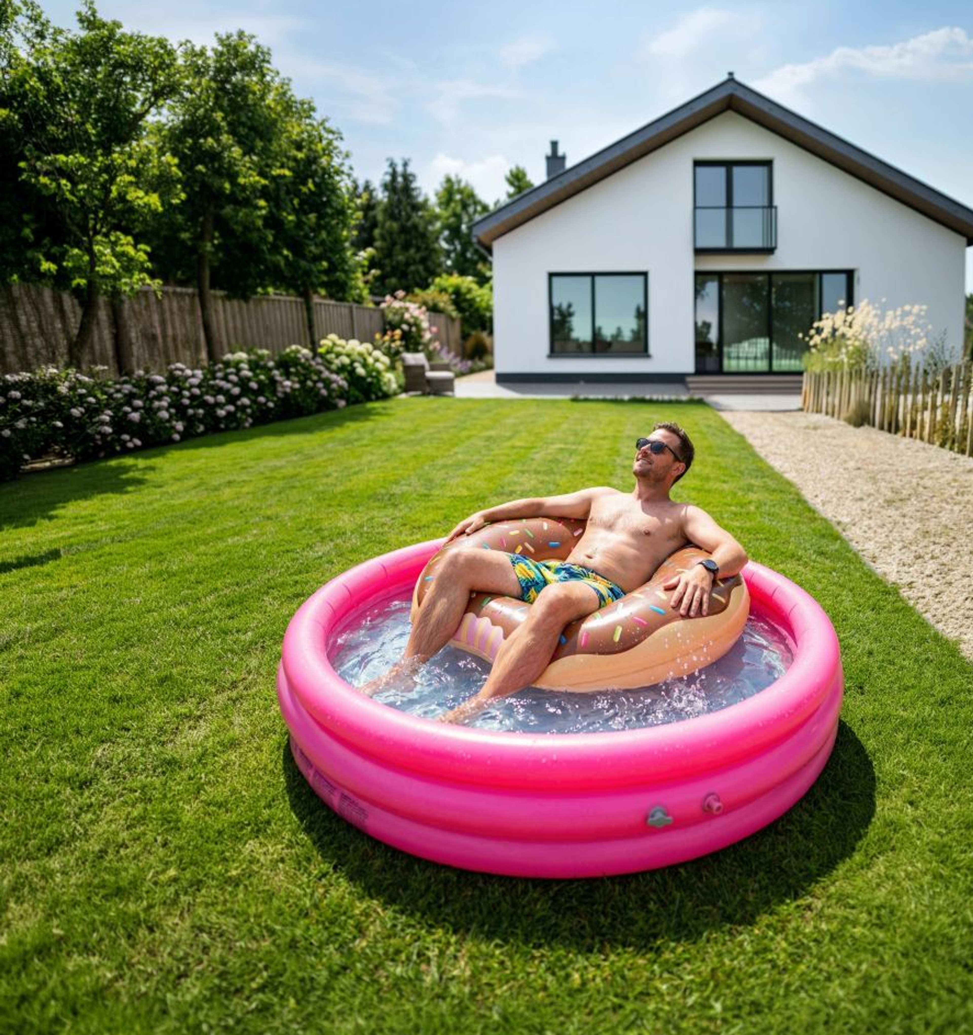 Man met zonnebril ligt in een zwemband in een roos opblaaszwembad in zijn voortuin. In de achtergrond zien we een witte villa.