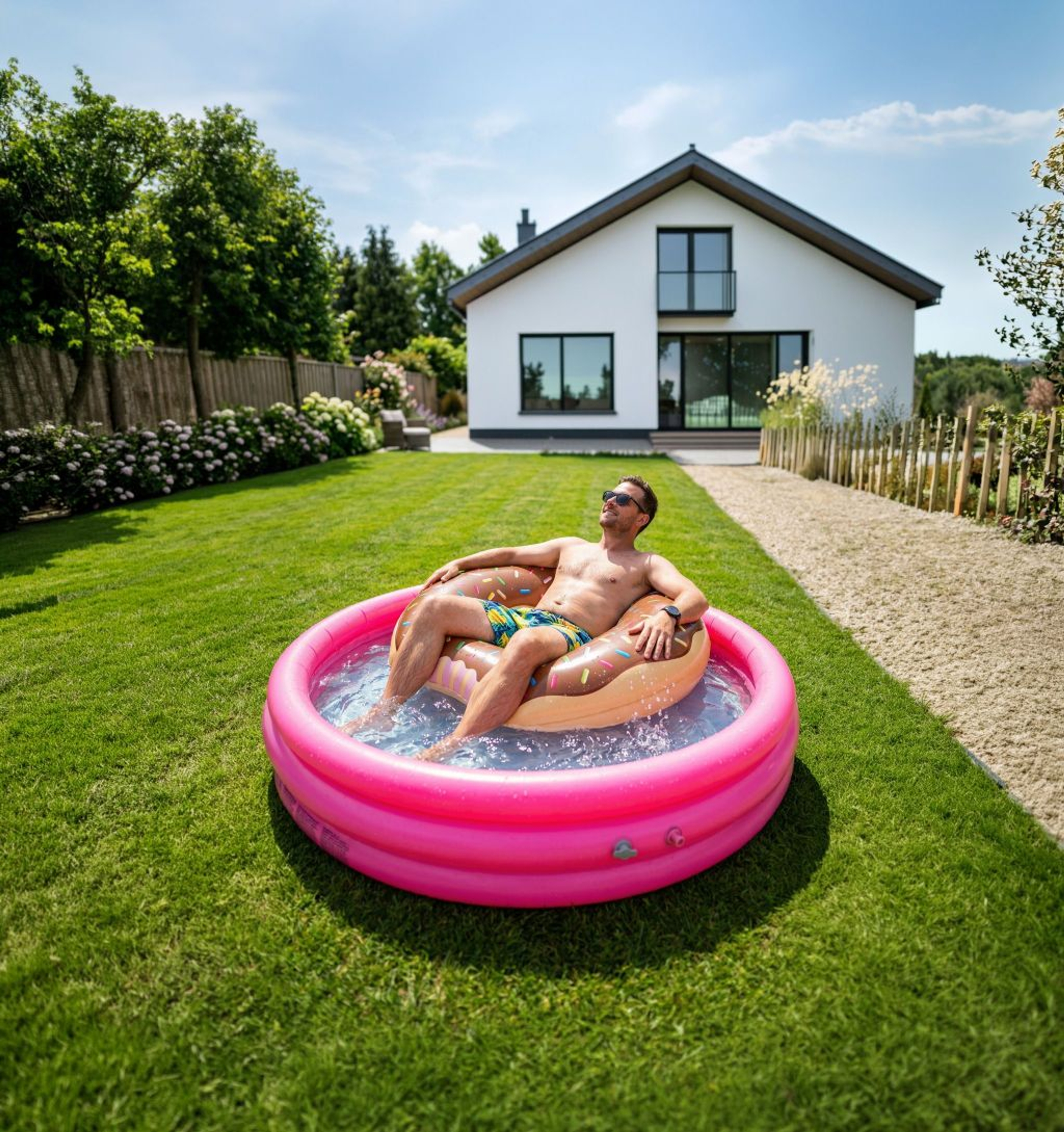 Man met zonnebril ligt in een zwemband in een roos opblaaszwembad in zijn voortuin. In de achtergrond zien we een witte villa.