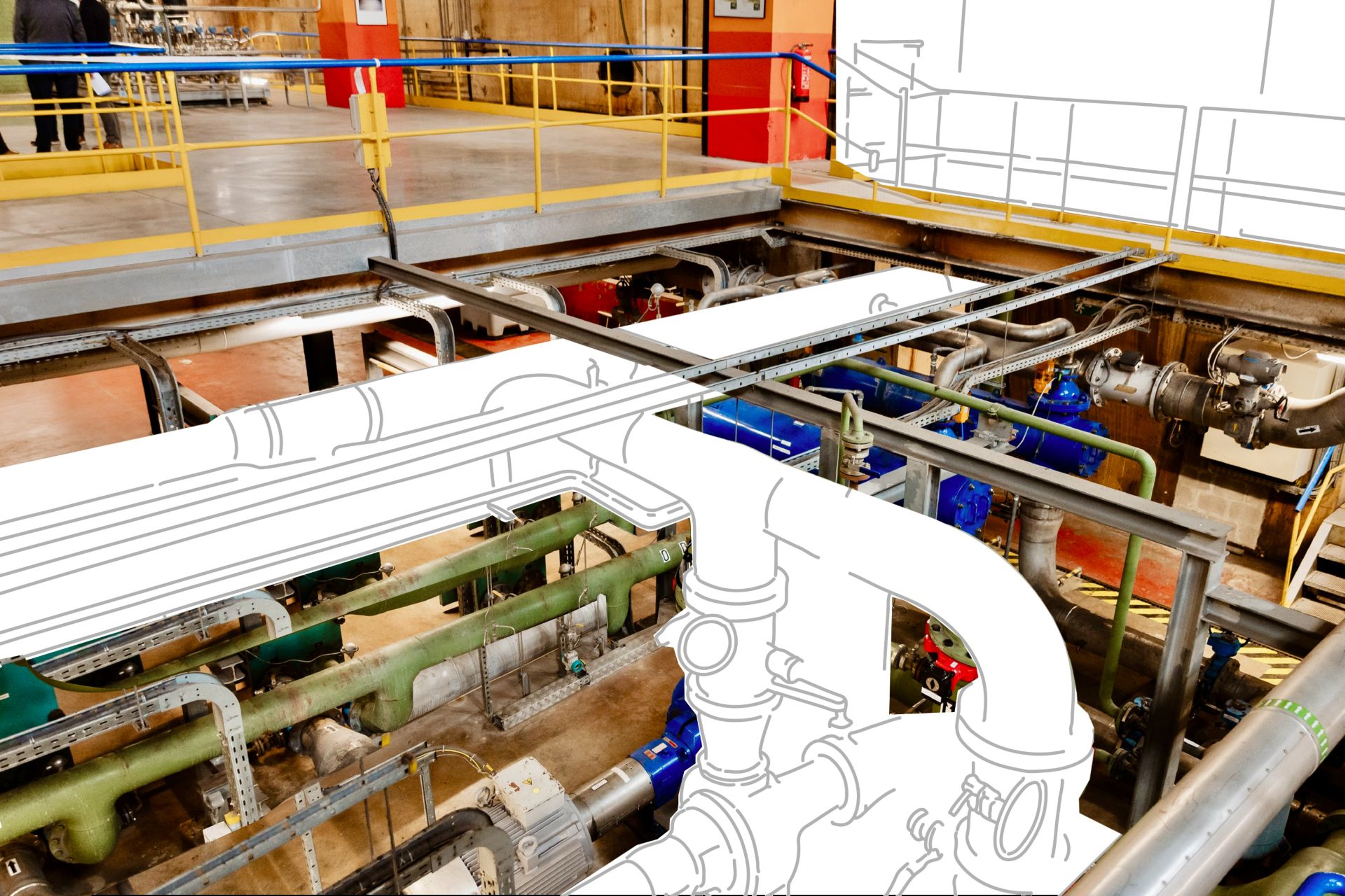 Binnenzicht op de centrale met buizenstel, een deel is getekend in zwart/wit.