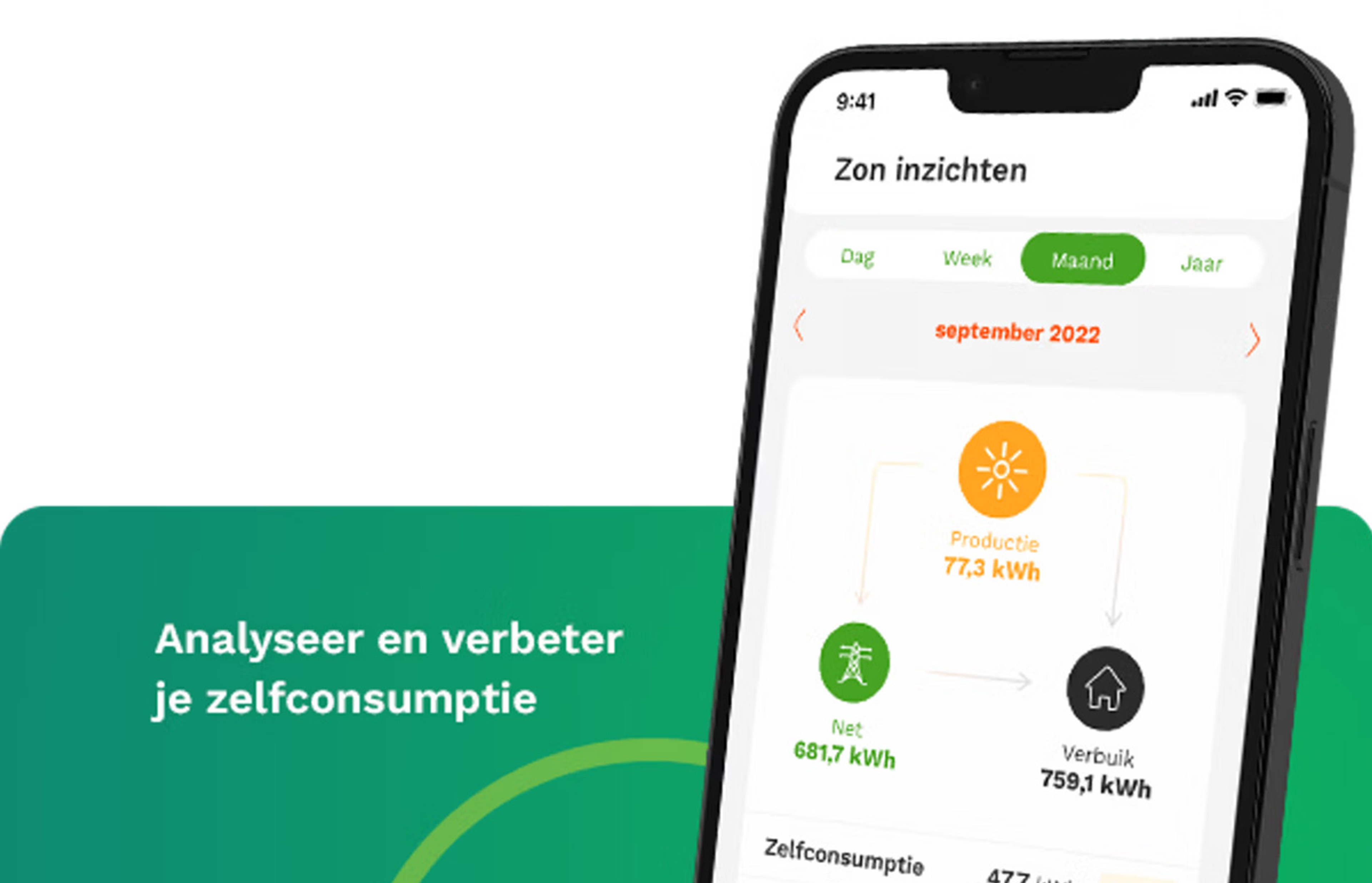 Scherm van EnergyControl Monitor over zelfconsumptie: zoninzichten.