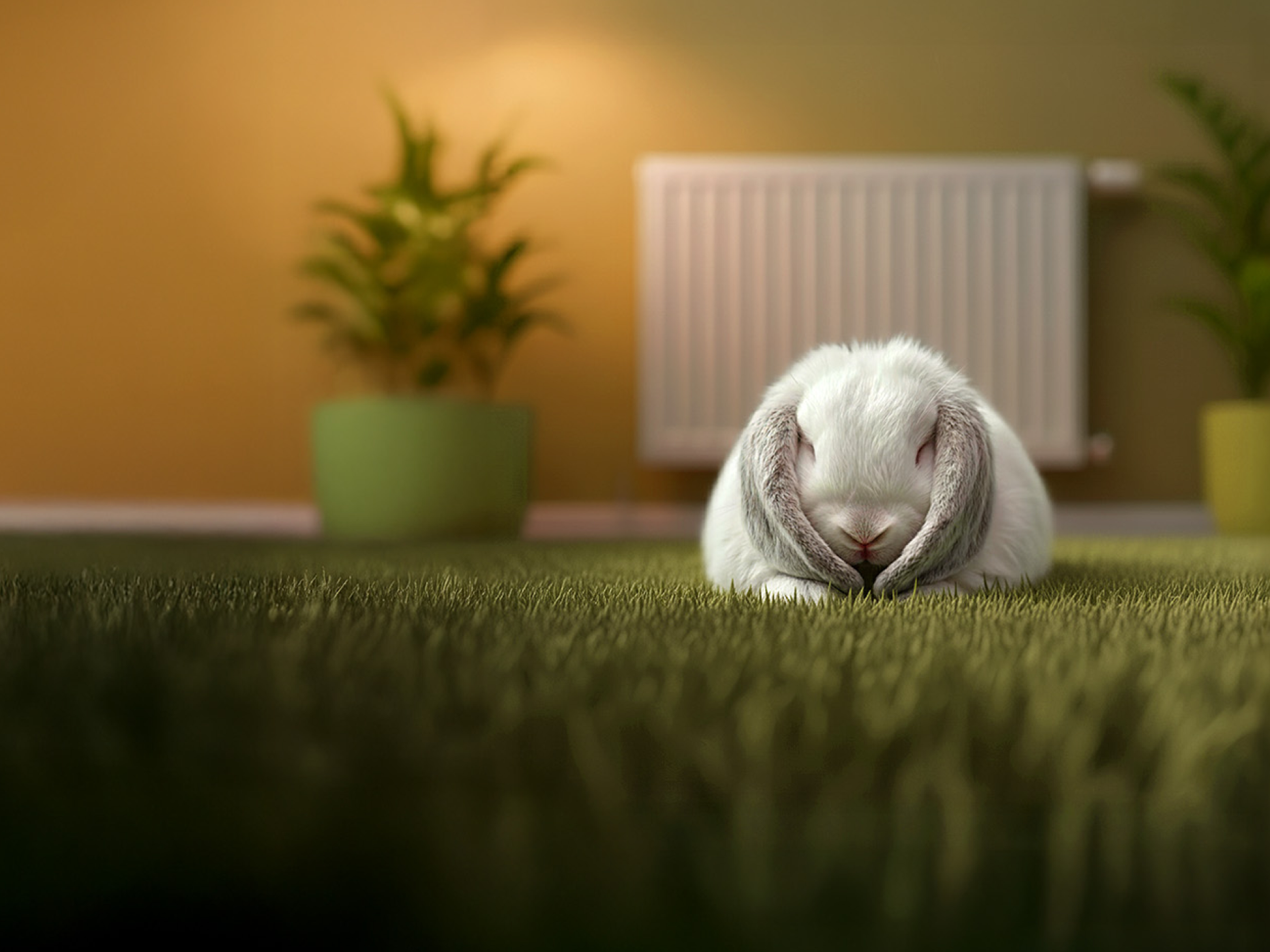 Un petit lapin, les deux oreilles vers le bas, dort sur un tapis d'herbe dans un salon, avec un radiateur en arrière-plan.