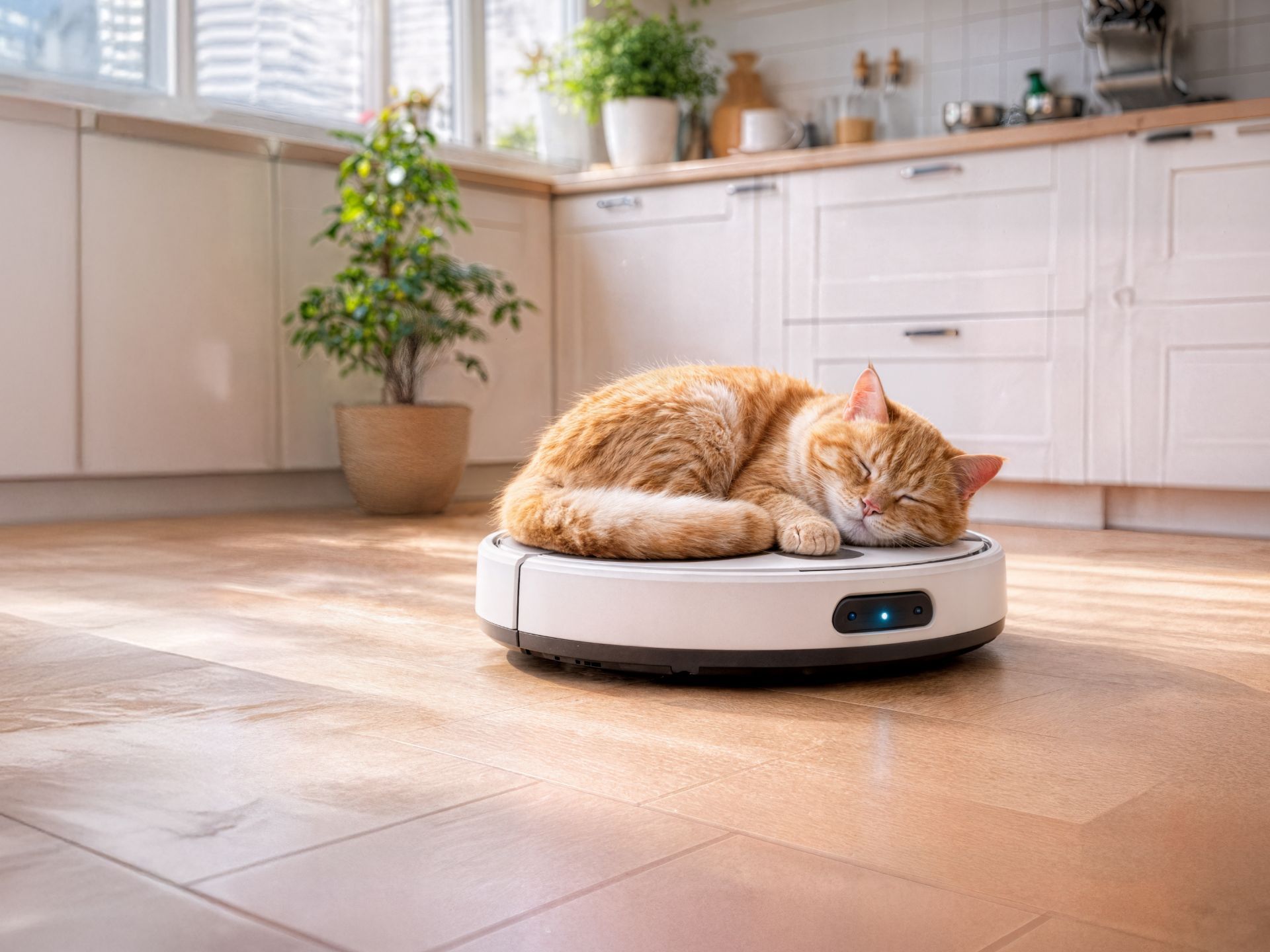 Kat slaapt vredig op een robotstofzuiger in een witte keuken met lichtbruine vloer.