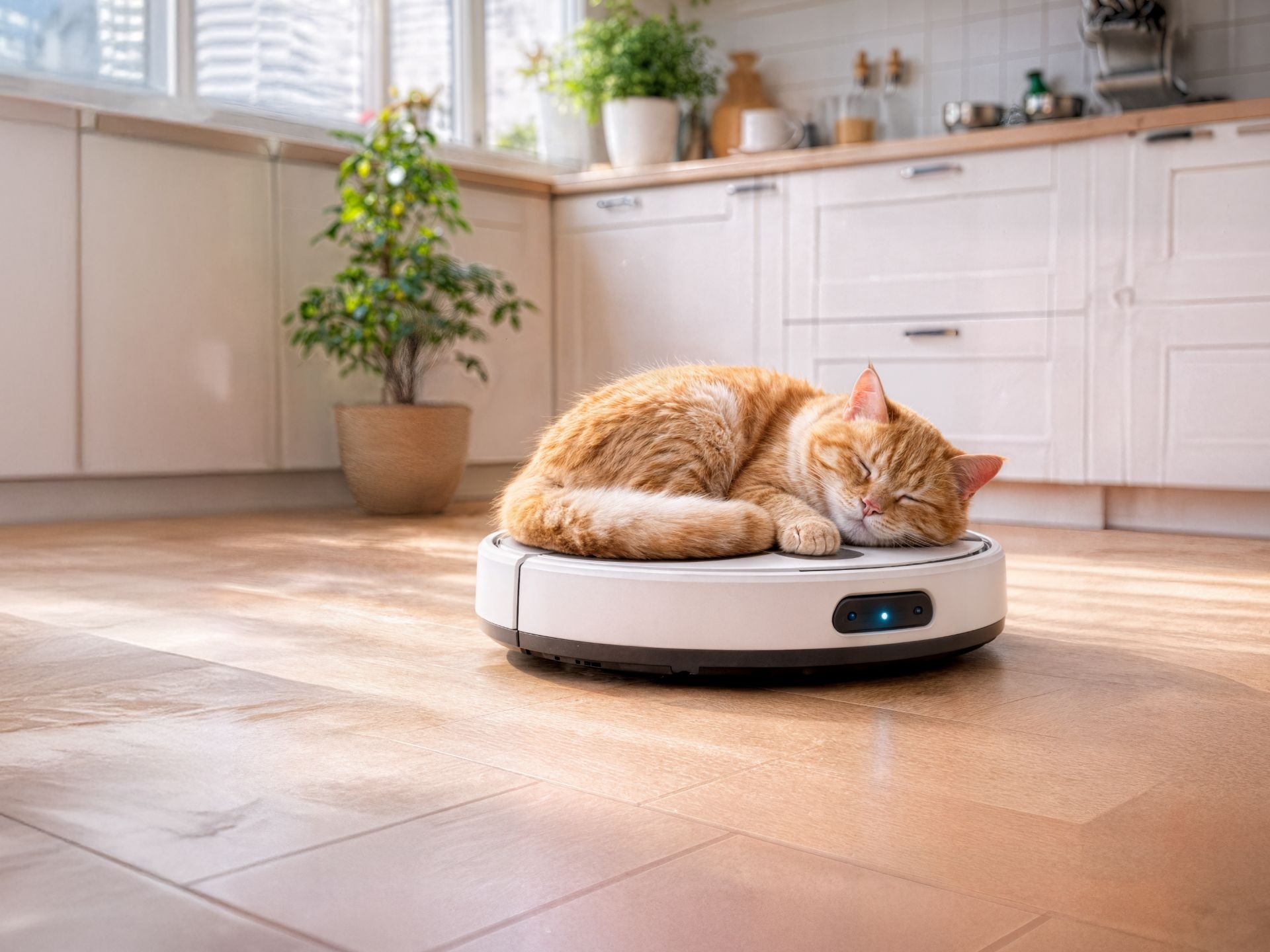 Chat roux dormant sur un robot aspirateur en fonctionnement, dans une cuisine lumineuse avec des plantes.
