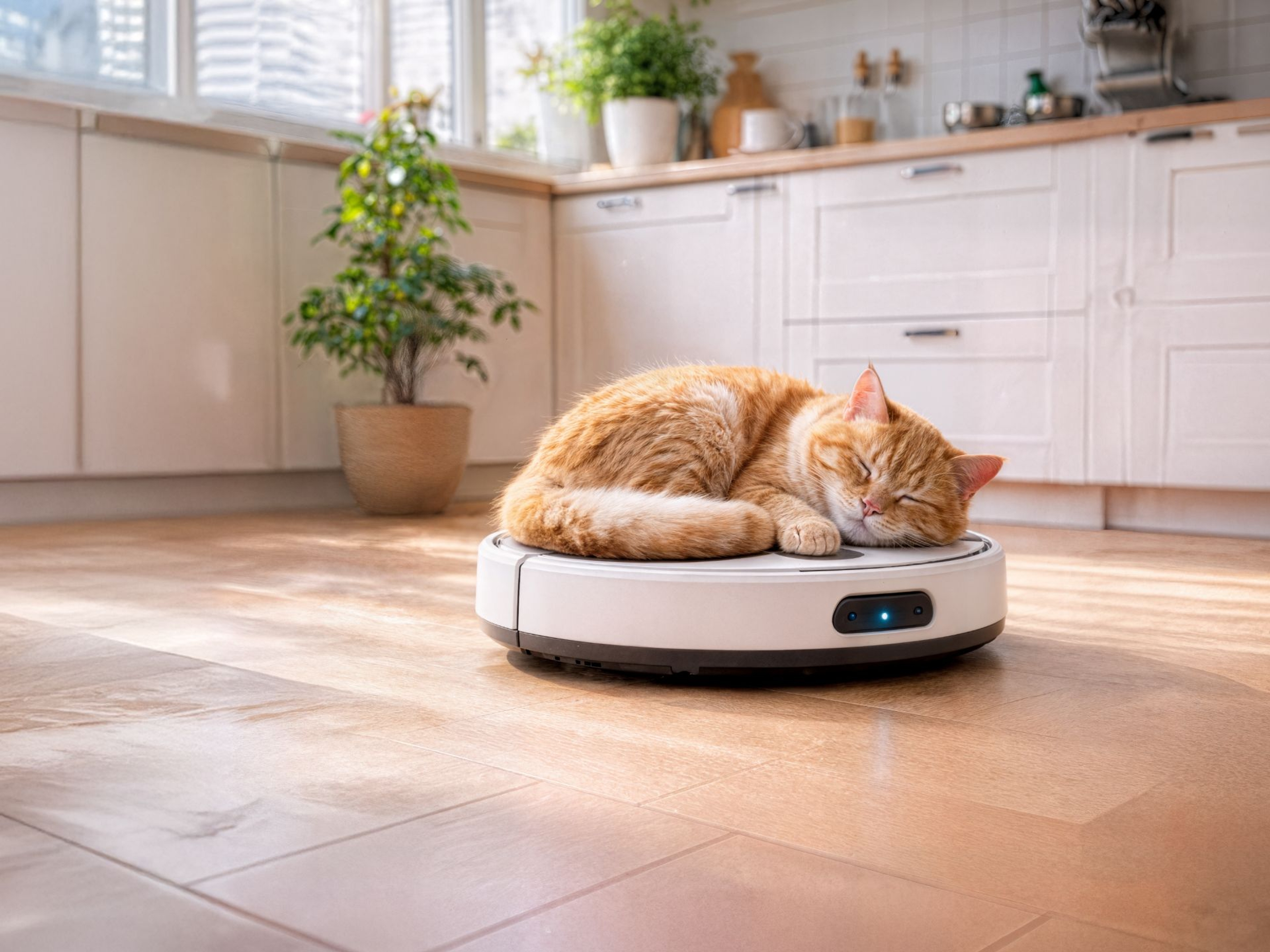 Cuisine blanche, sur le sol un chat qui dort sur le robot aspirateur.