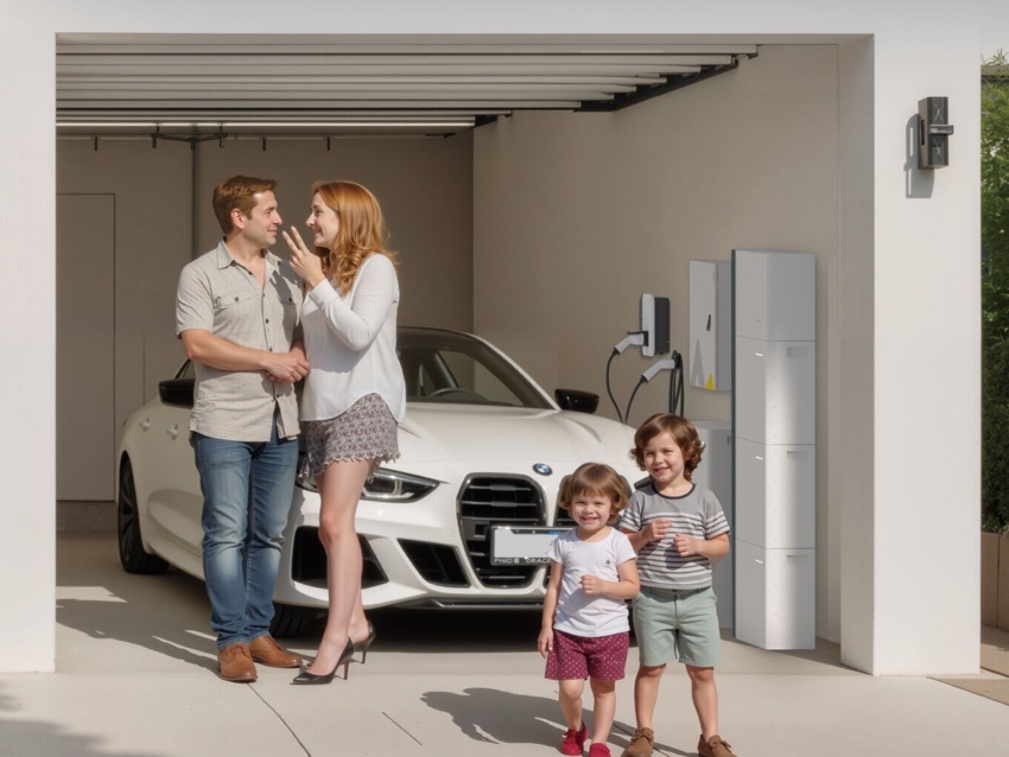 Thuisbatterij in garage, witte auto en daarvoor een gezin: de ouders en 2 kleine kindjes.