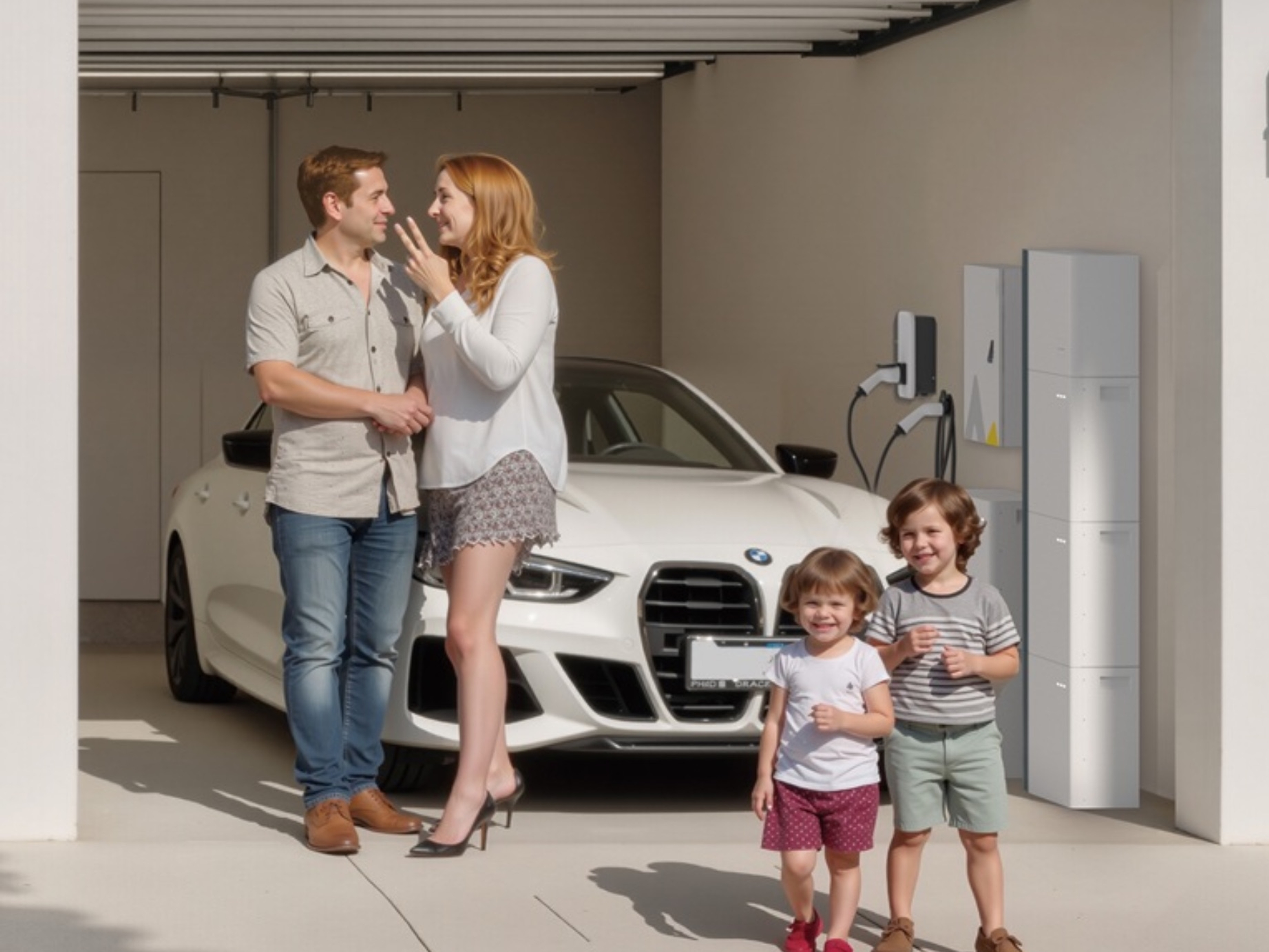 Garage résidentiel équipé d’un système de batteries murales et d’un chargeur mural pour véhicule électrique.
