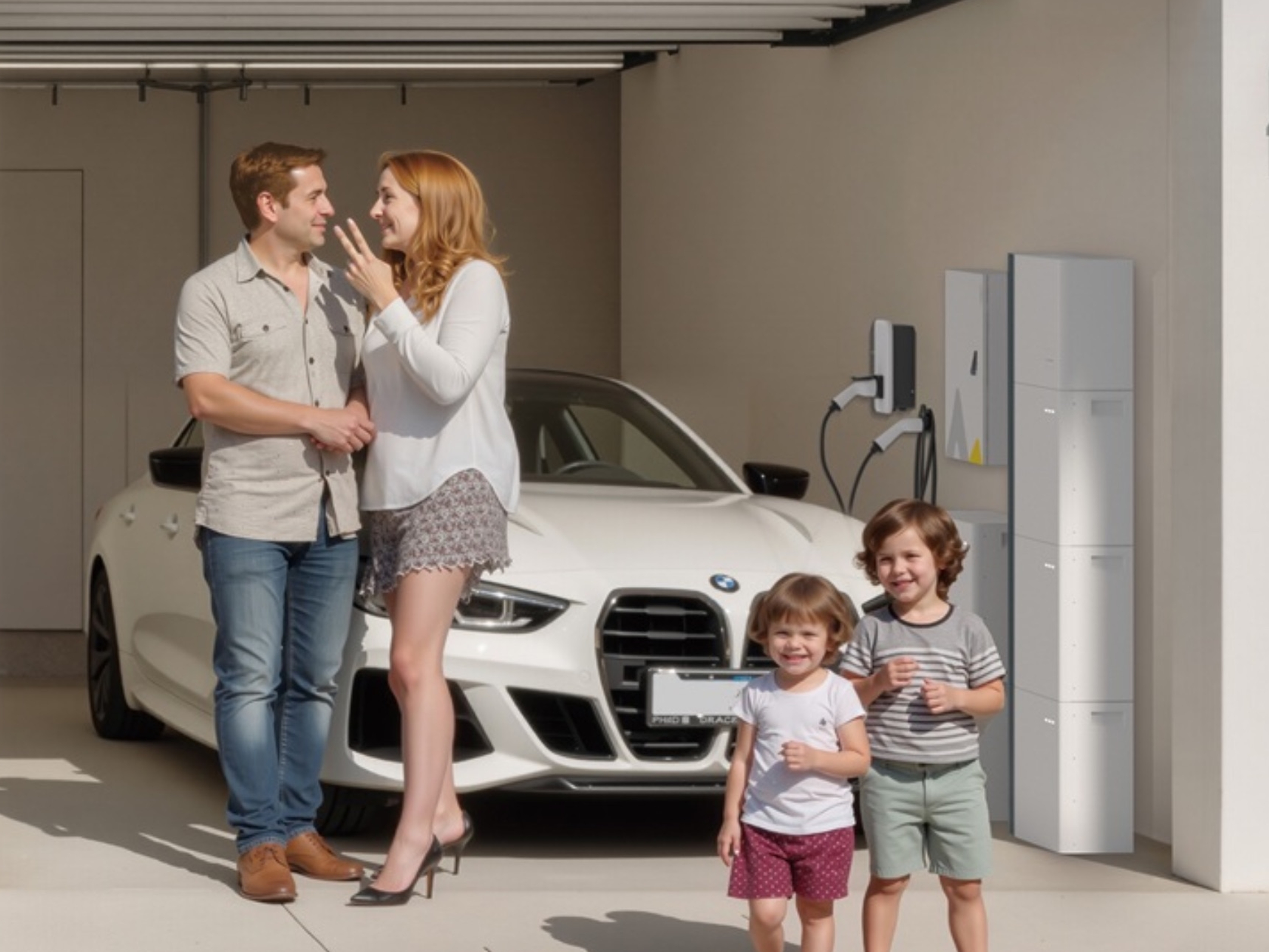 Thuisbatterij in garage, witte auto en daarvoor een gezin: de ouders en 2 kleine kindjes.
