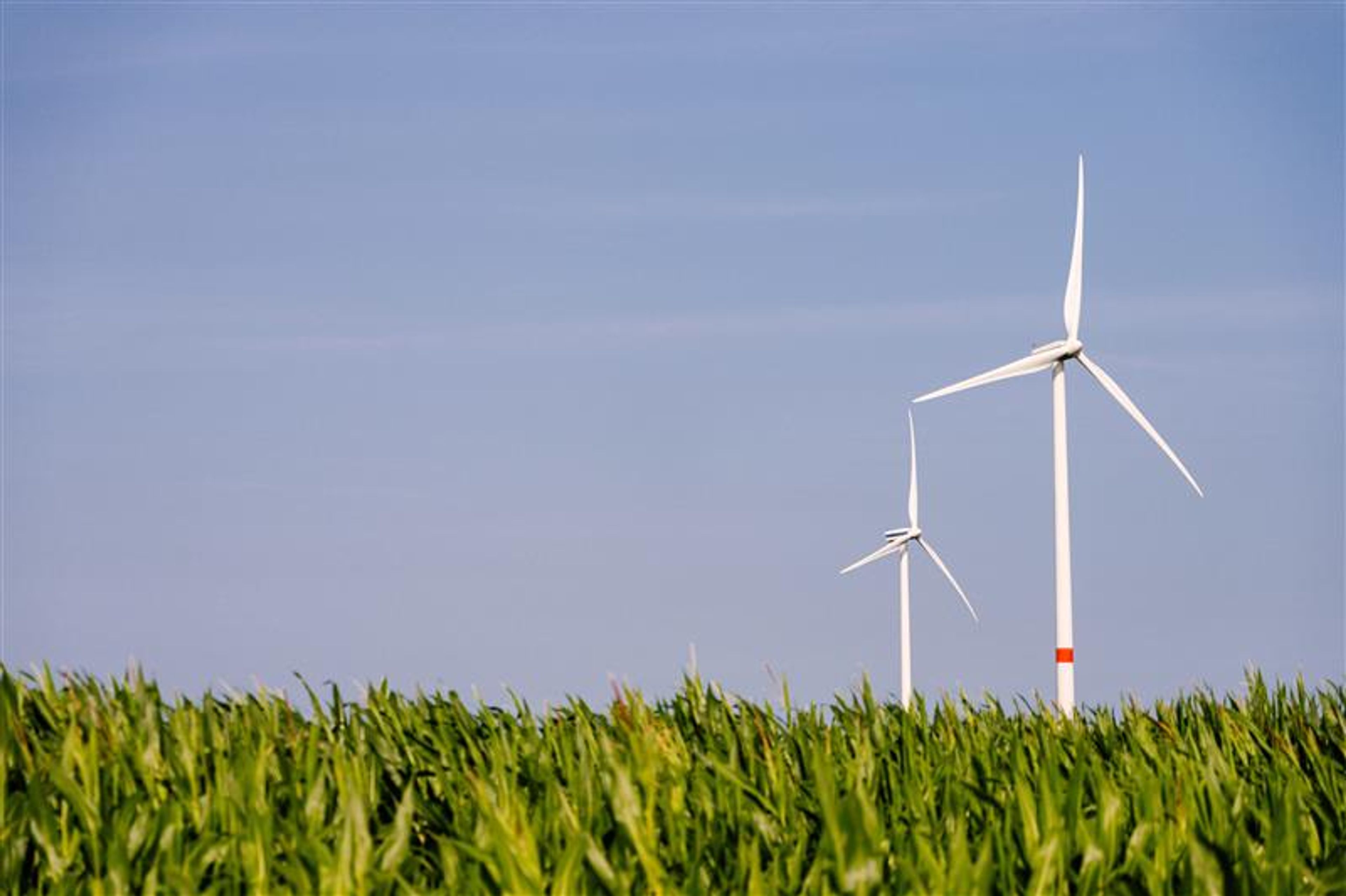 2 Windturbines gezien vanuit het gras