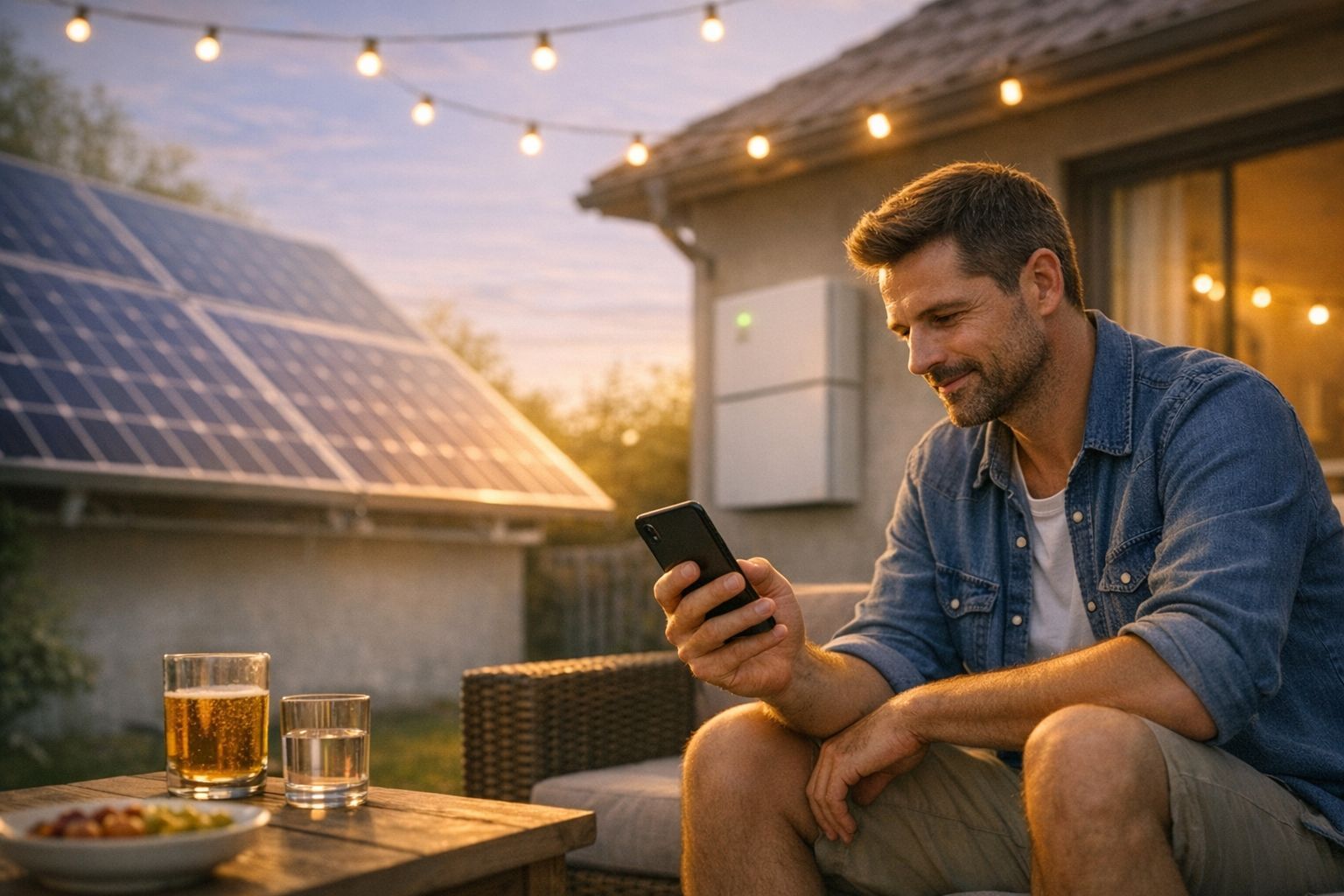 Man op zijn terras in lounge zetel met apero en lampjes, smartphone in de hand.