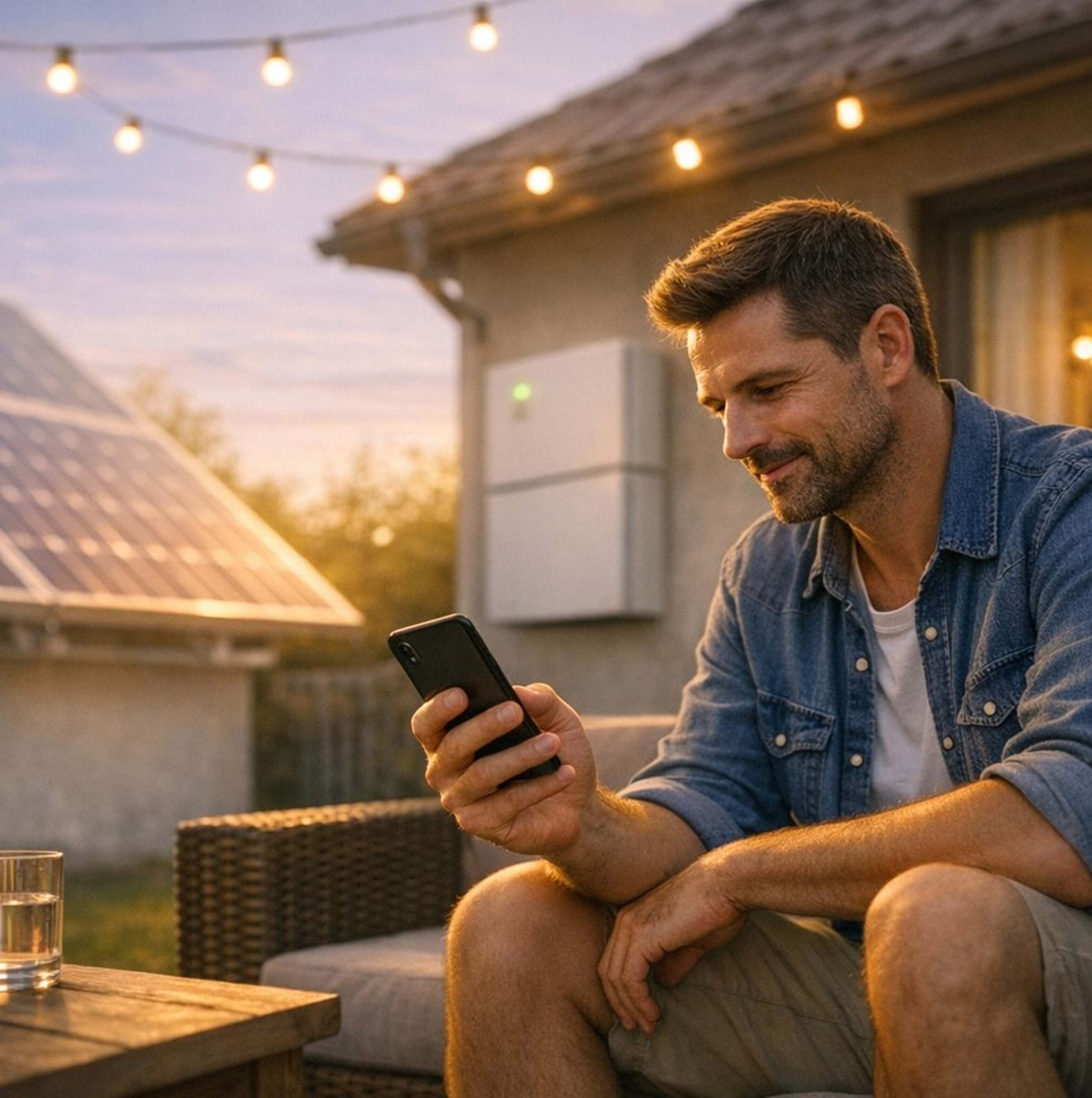 Man op zijn terras in lounge zetel met apero en lampjes, smartphone in de hand.