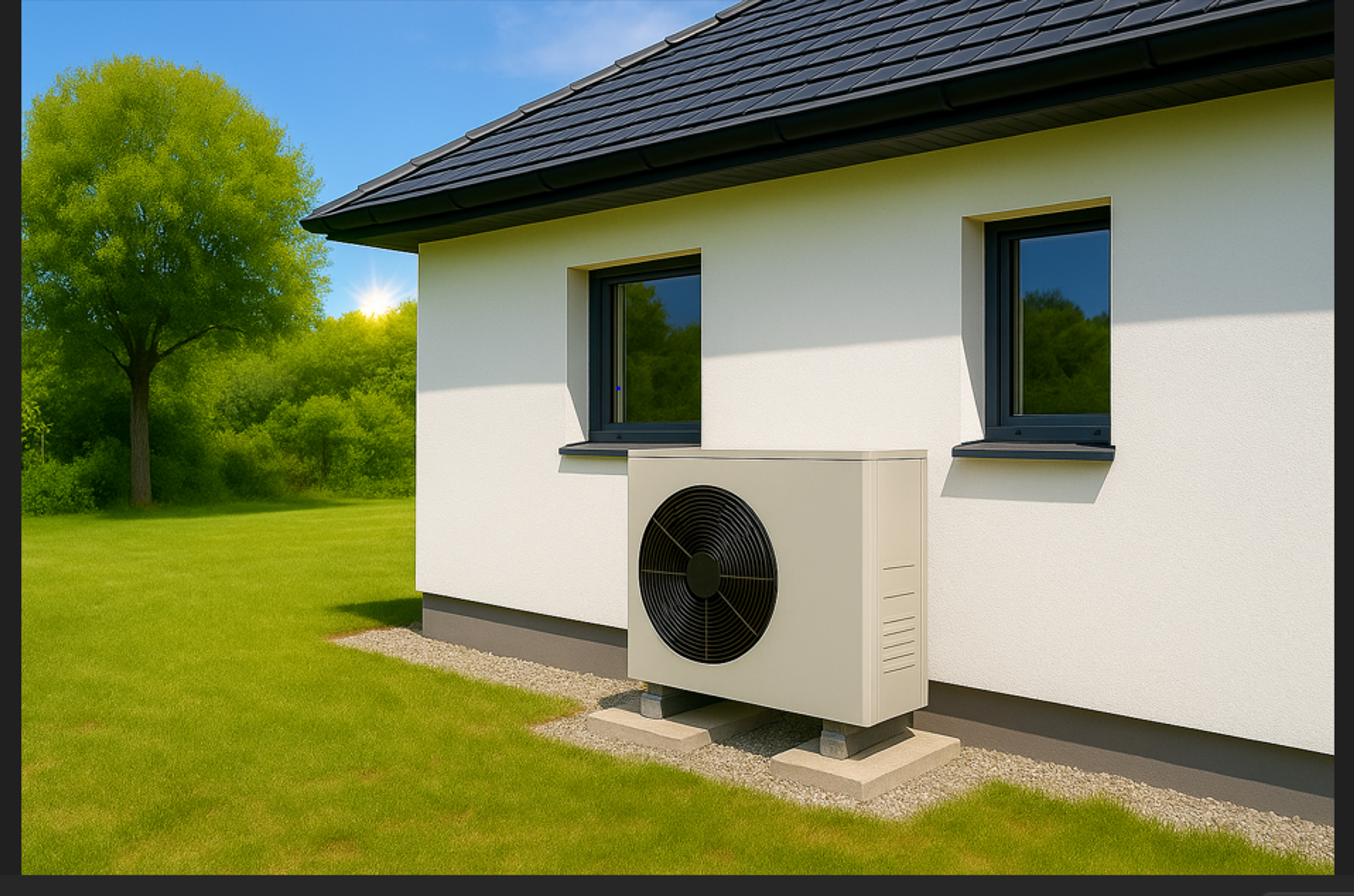 Bungalow blanc avec une pompe à chaleur fixée sur la façade extérieure, herbe verte et arbre, ciel bleu