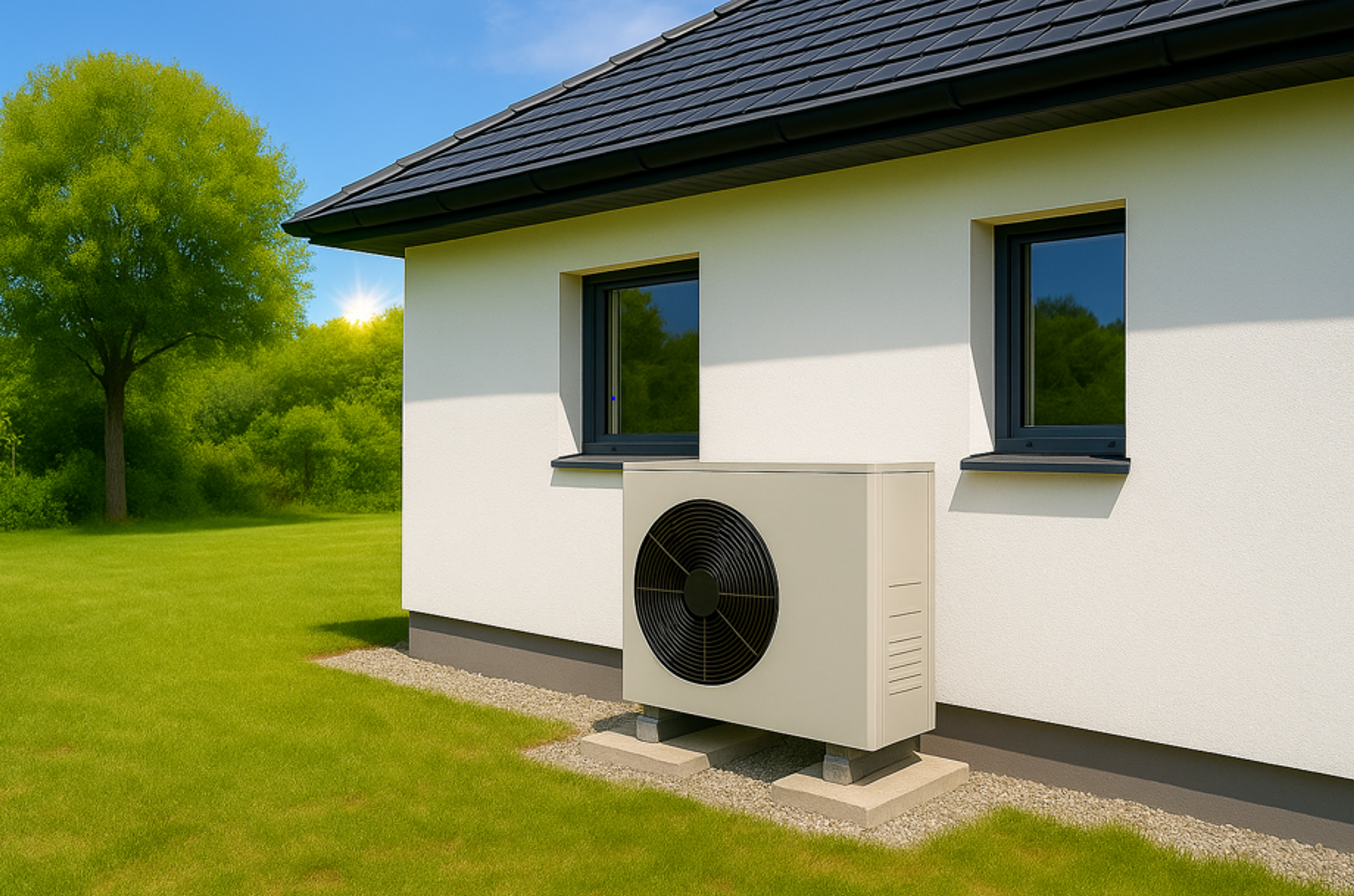 witte bungalow met warmtepomp tegen buitengevel, groen gras en boom, blauwe lucht