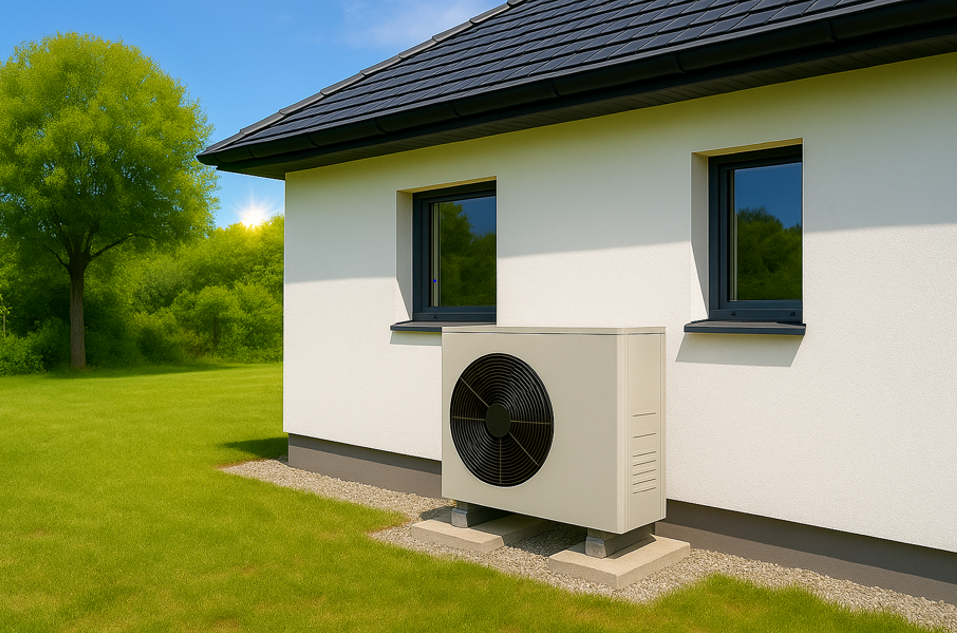 witte bungalow met warmtepomp tegen buitengevel, groen gras en boom, blauwe lucht