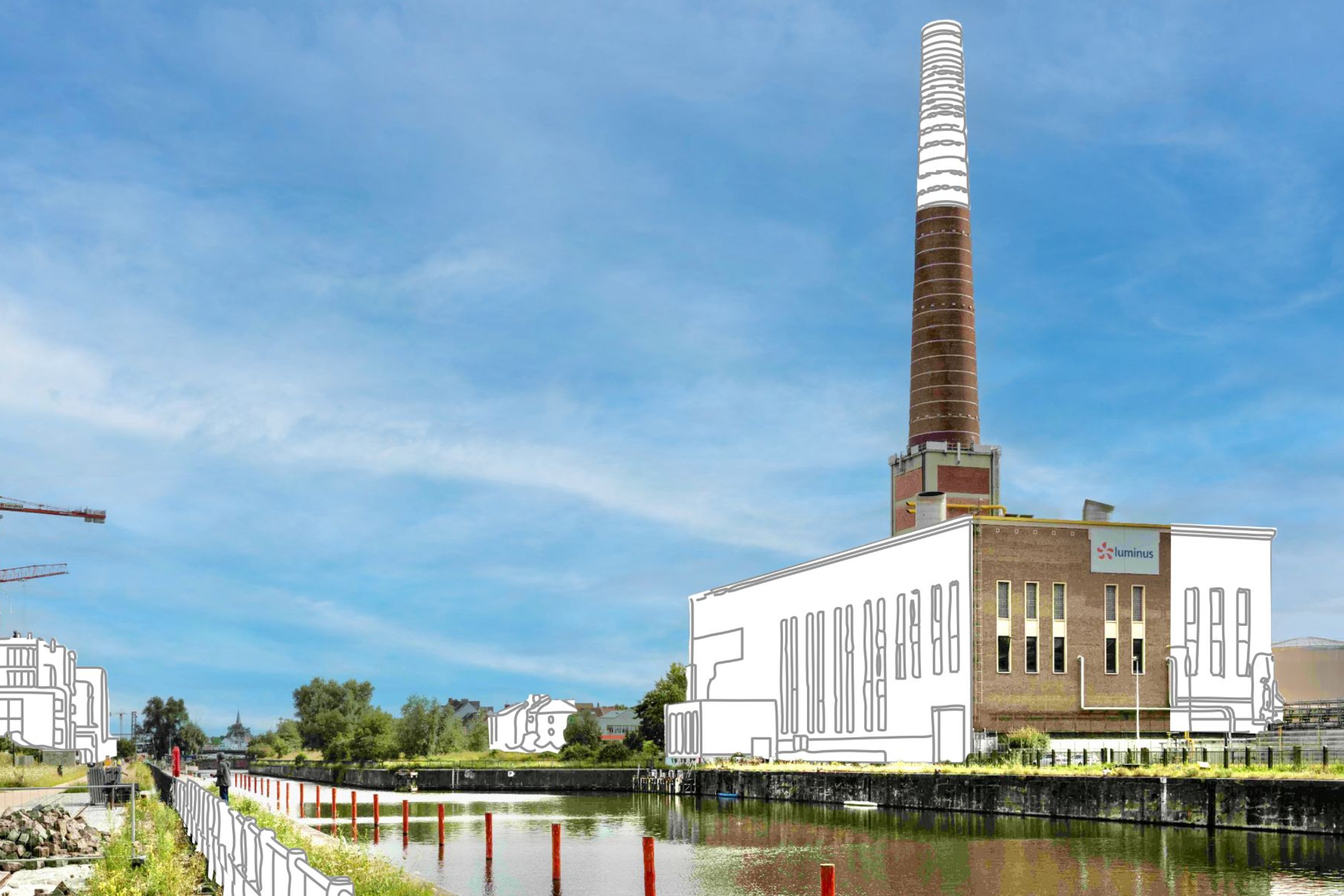 Energiecentrale Gent Ham met hoge schoorsteen, een deel is getekend in zwart/wit.