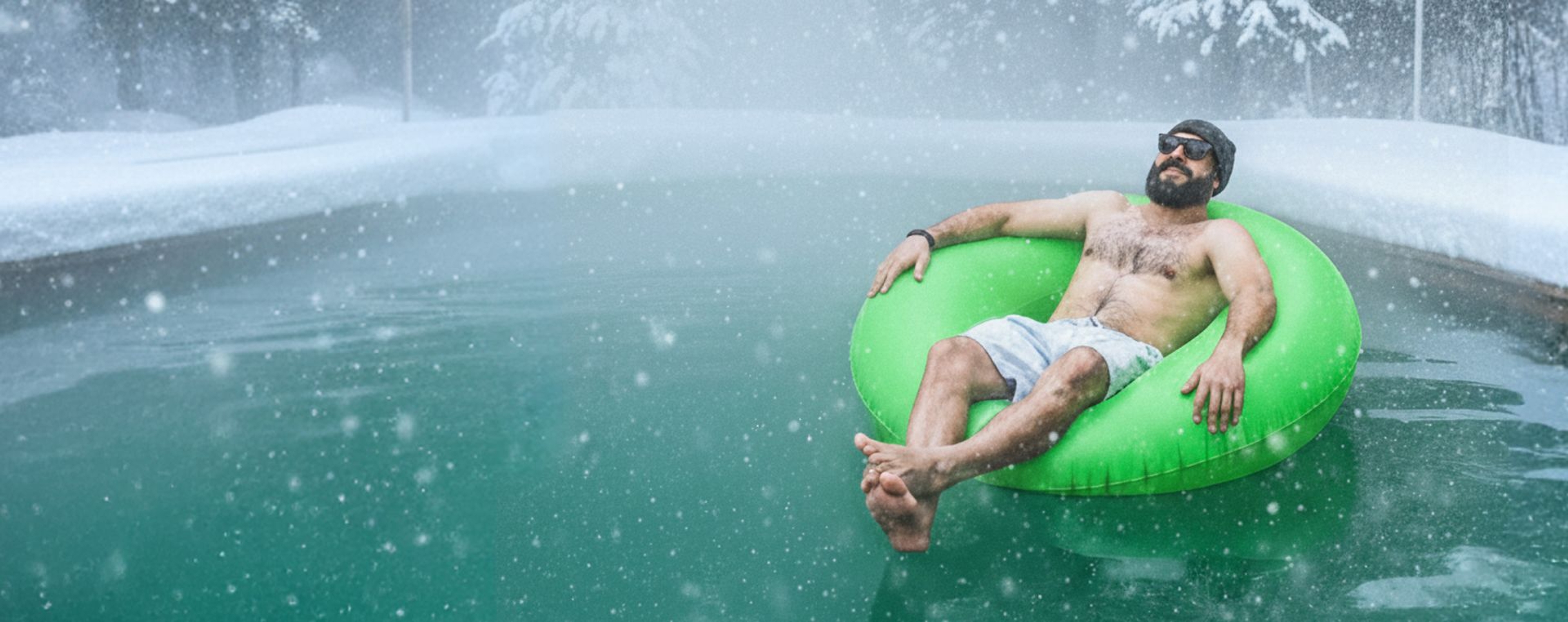 Man met muts en zonnebril ligt in een groene zwenband in een buitenzwembad, sneeuw op de bomen rondom, sneeuwvlokjes dwarrelen.