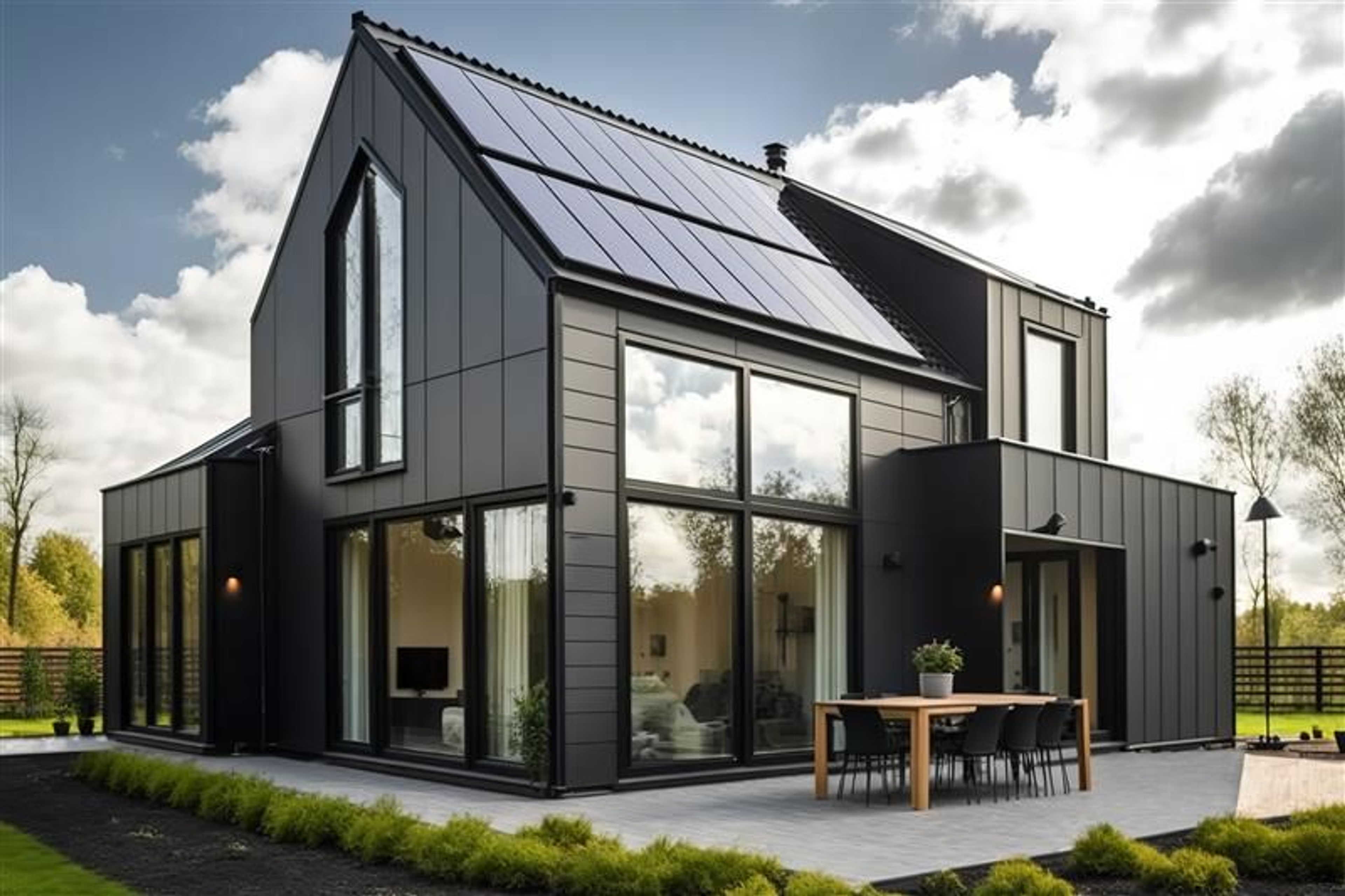 Modern zwart huis met zonnepanelen en terras, wolkenhemel.
