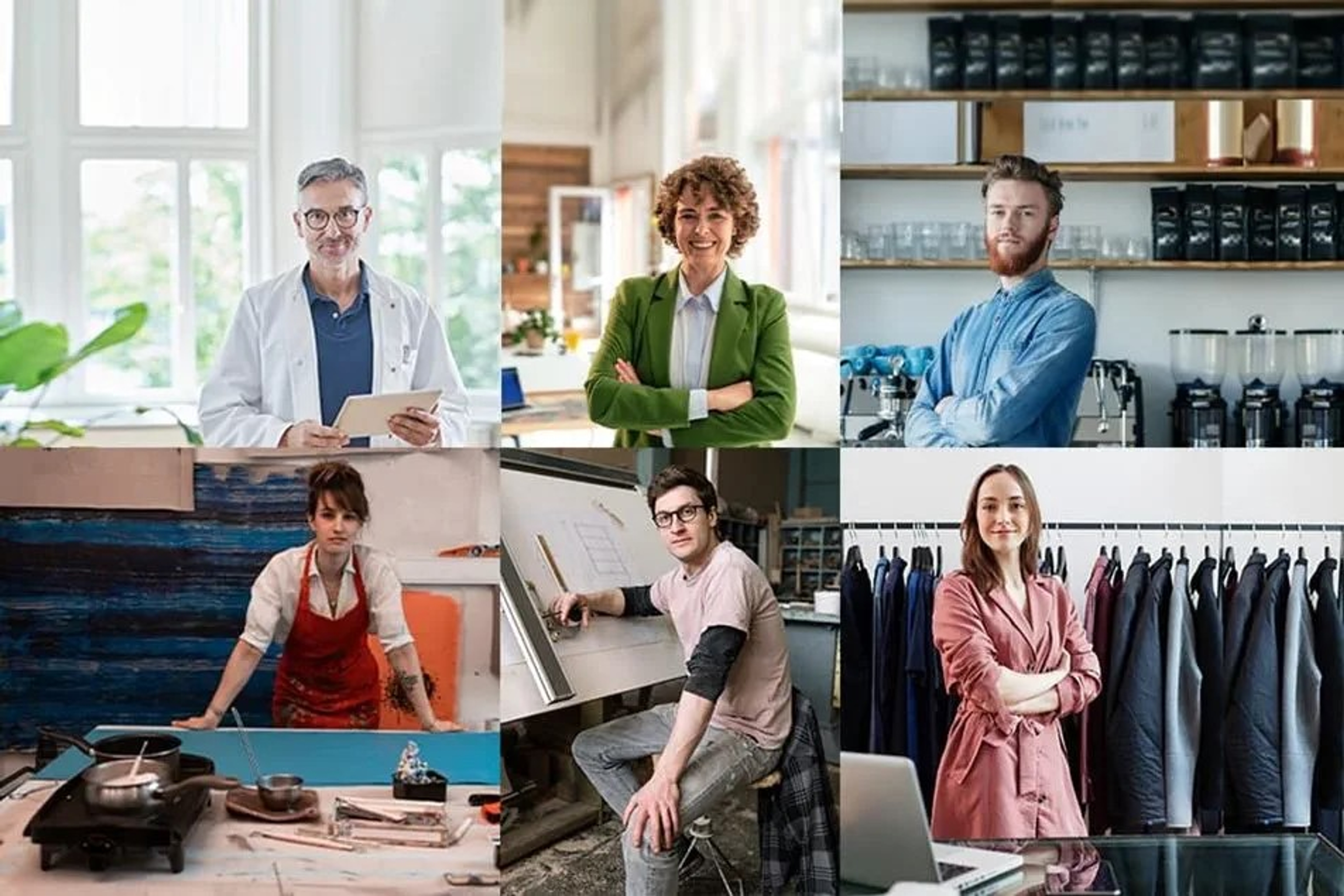 Collage van 6 foto's met telkens een bedrijfsleider: 3 mannen en 3 vrouwen.