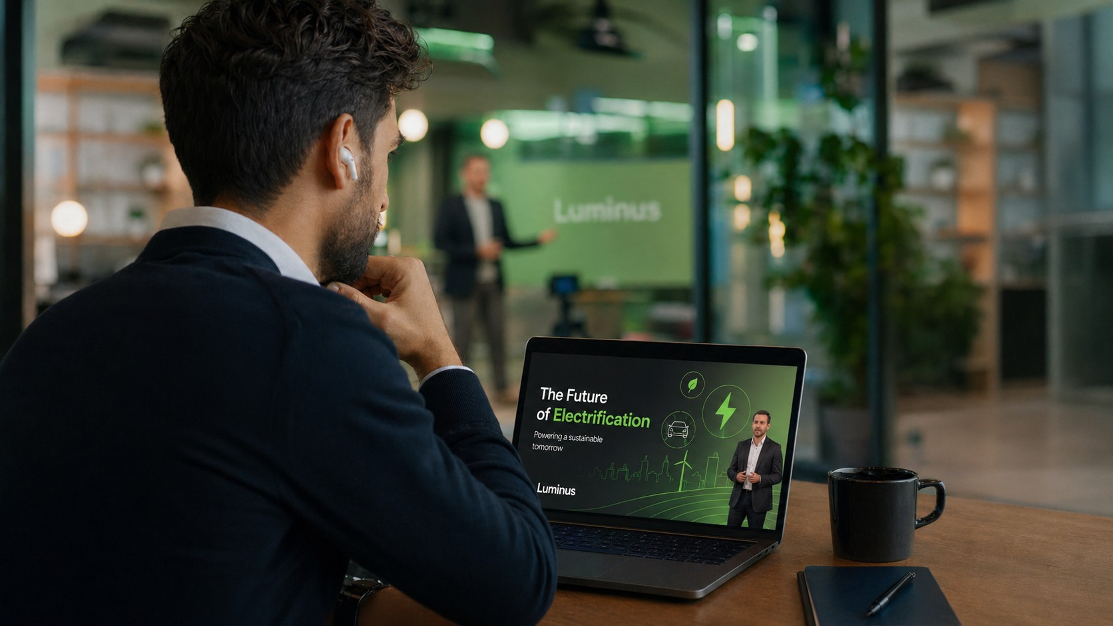 Man met oortjes in volgt Luminus webinar op zijn laptop, in Luminus kantooromgeving.