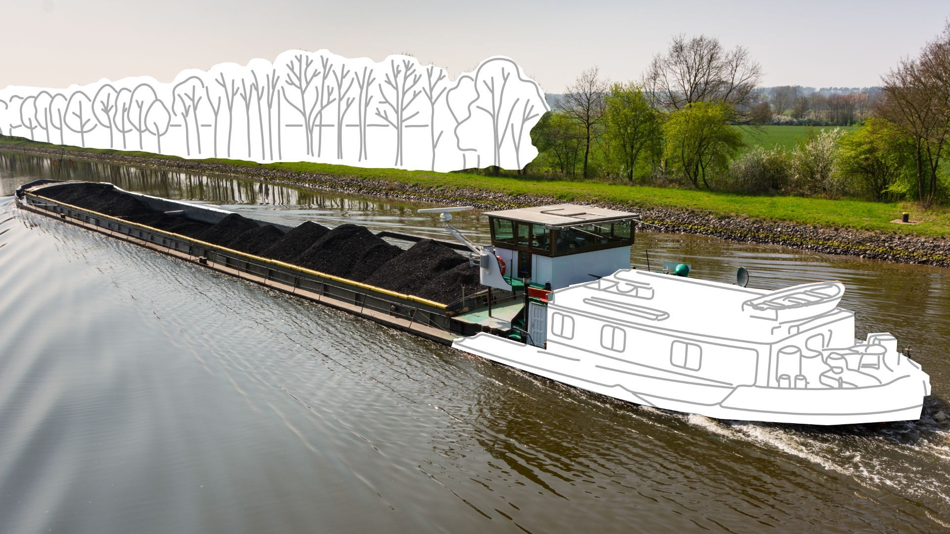 Binnenschip vaart op kanaal, sommige delen zijn getekend in zwart/wit.