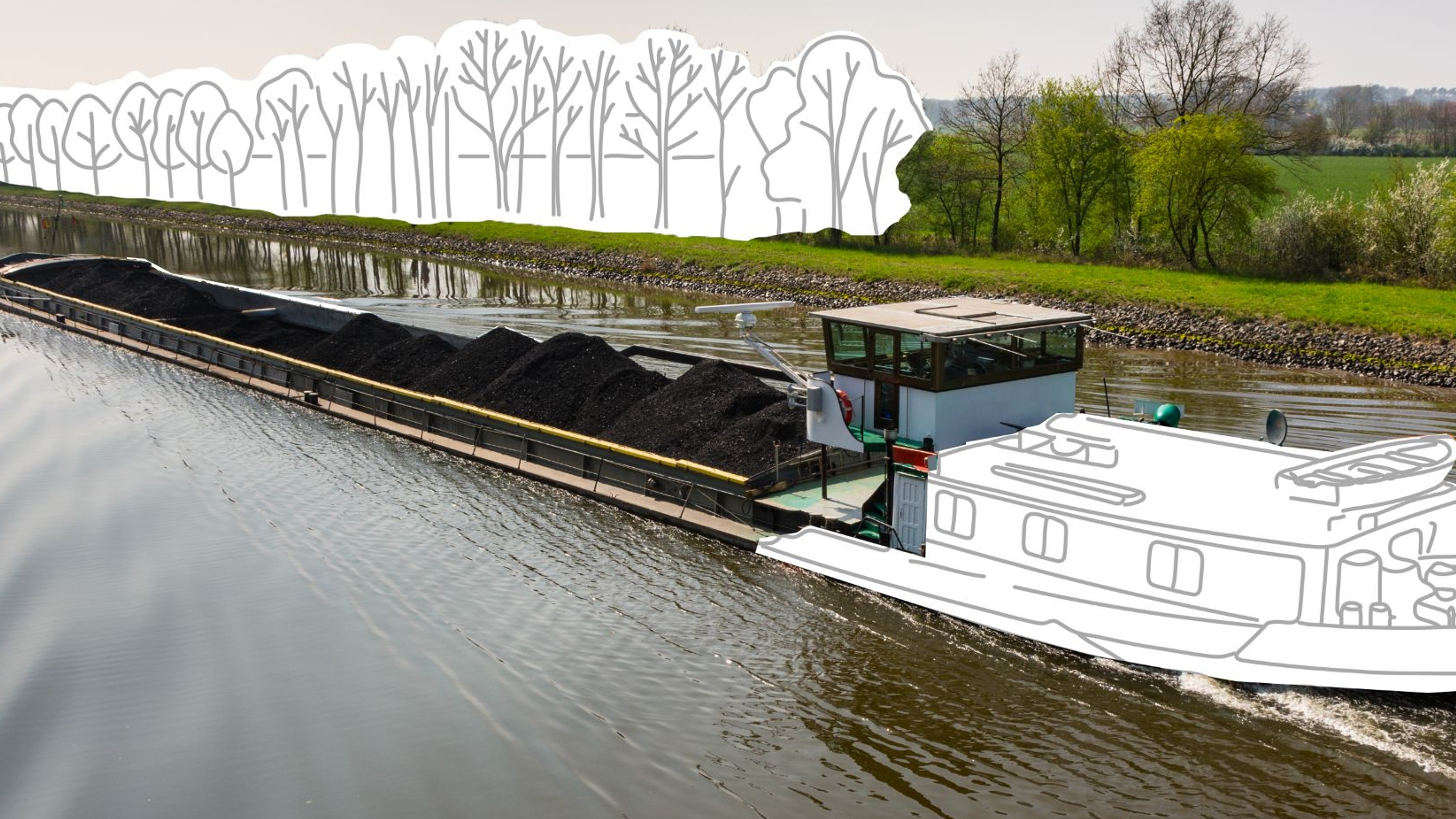 Binnenschip vaart op kanaal, sommige delen zijn getekend in zwart/wit.