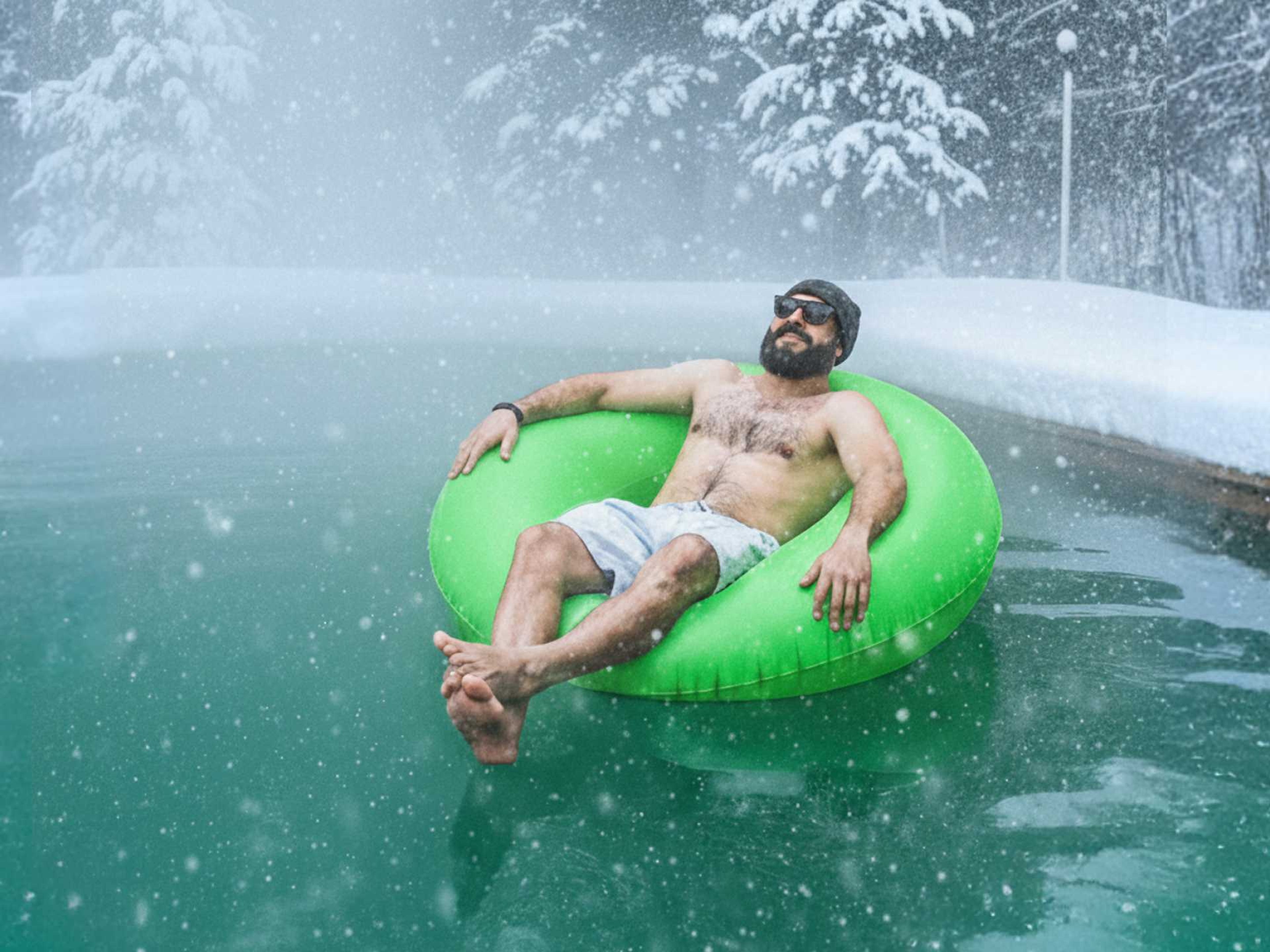 Il neige, un homme avec bonnet et lunetttes de soleil est dans une piscine sur un dougnut flottant vert clair.