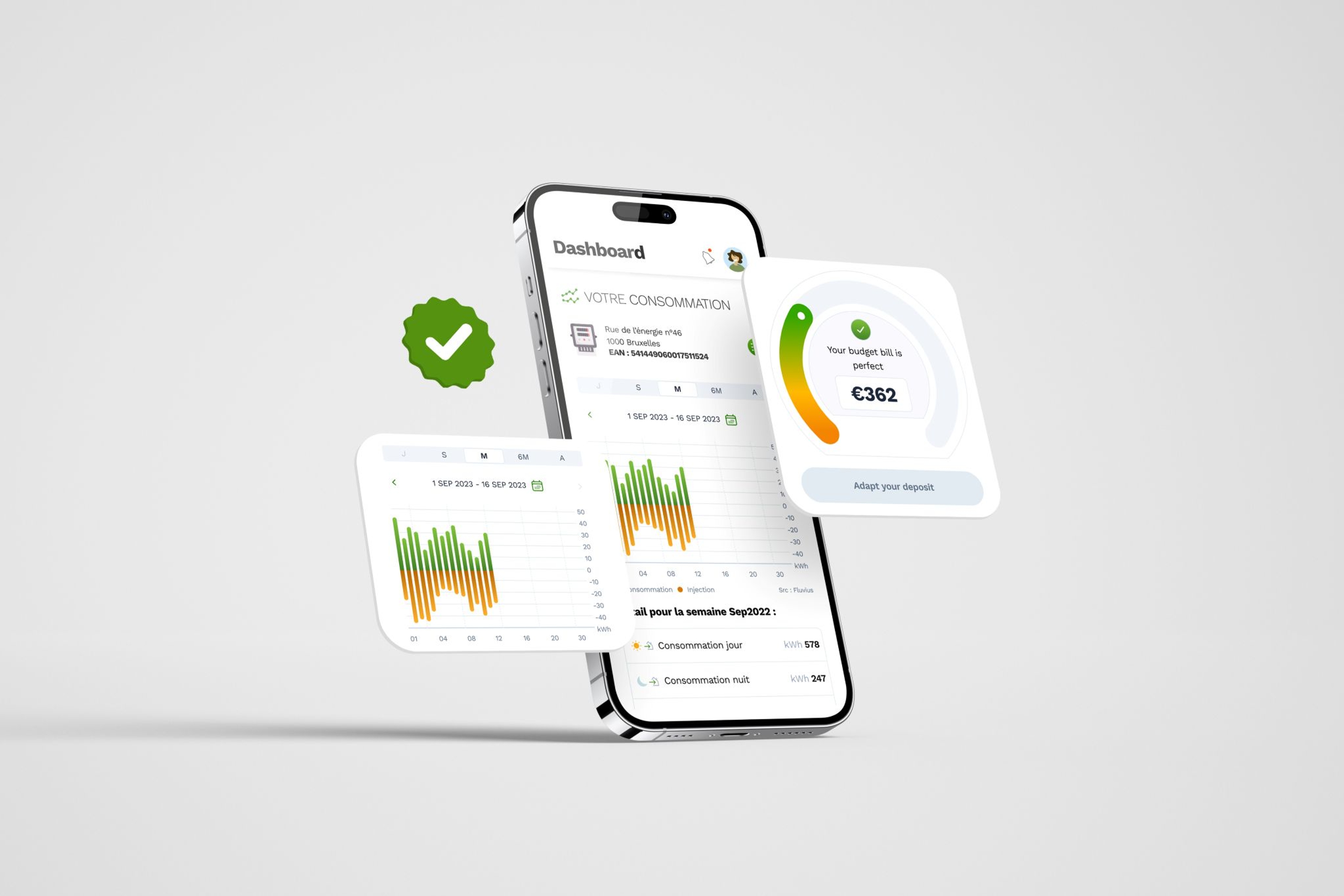 Un smartphone affiche le tableau de bord de l'application My Luminus pour le suivi de la consommation d'énergie, avec des graphiques flottants et une coche verte.