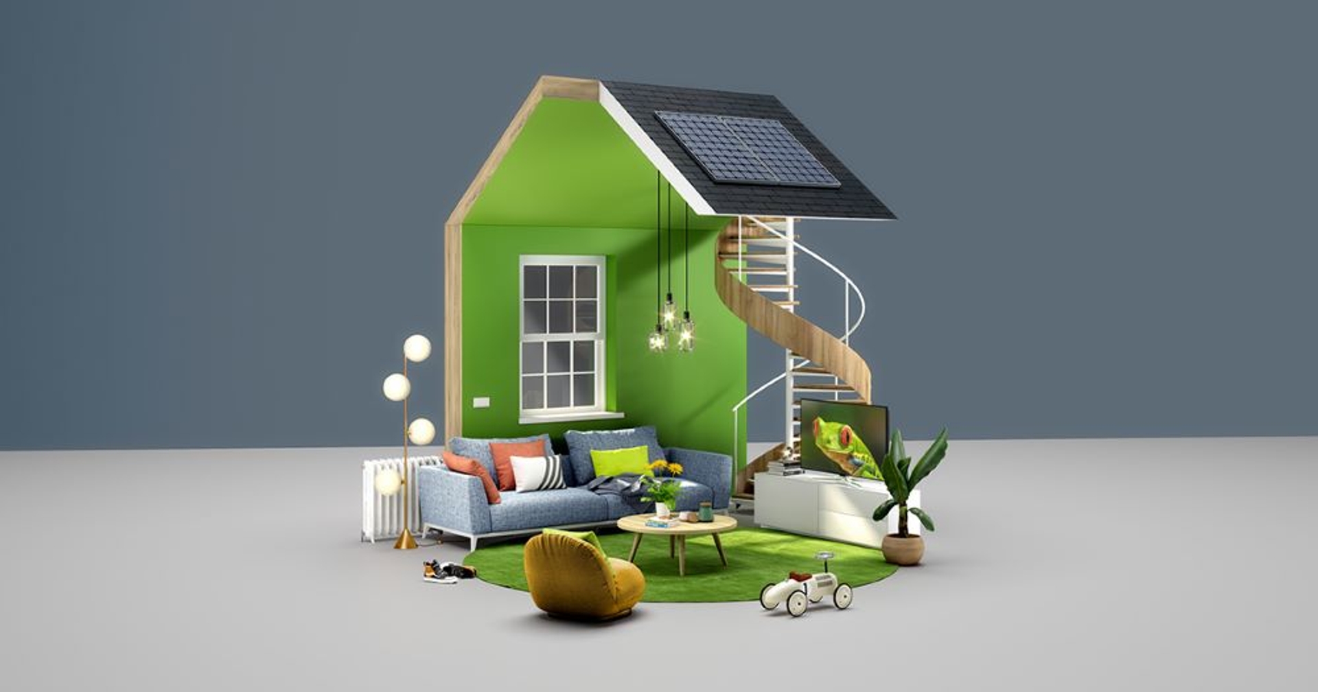 Maison miniature verte avec salon moderne, escalier en colimaçon et panneau solaire sur le toit