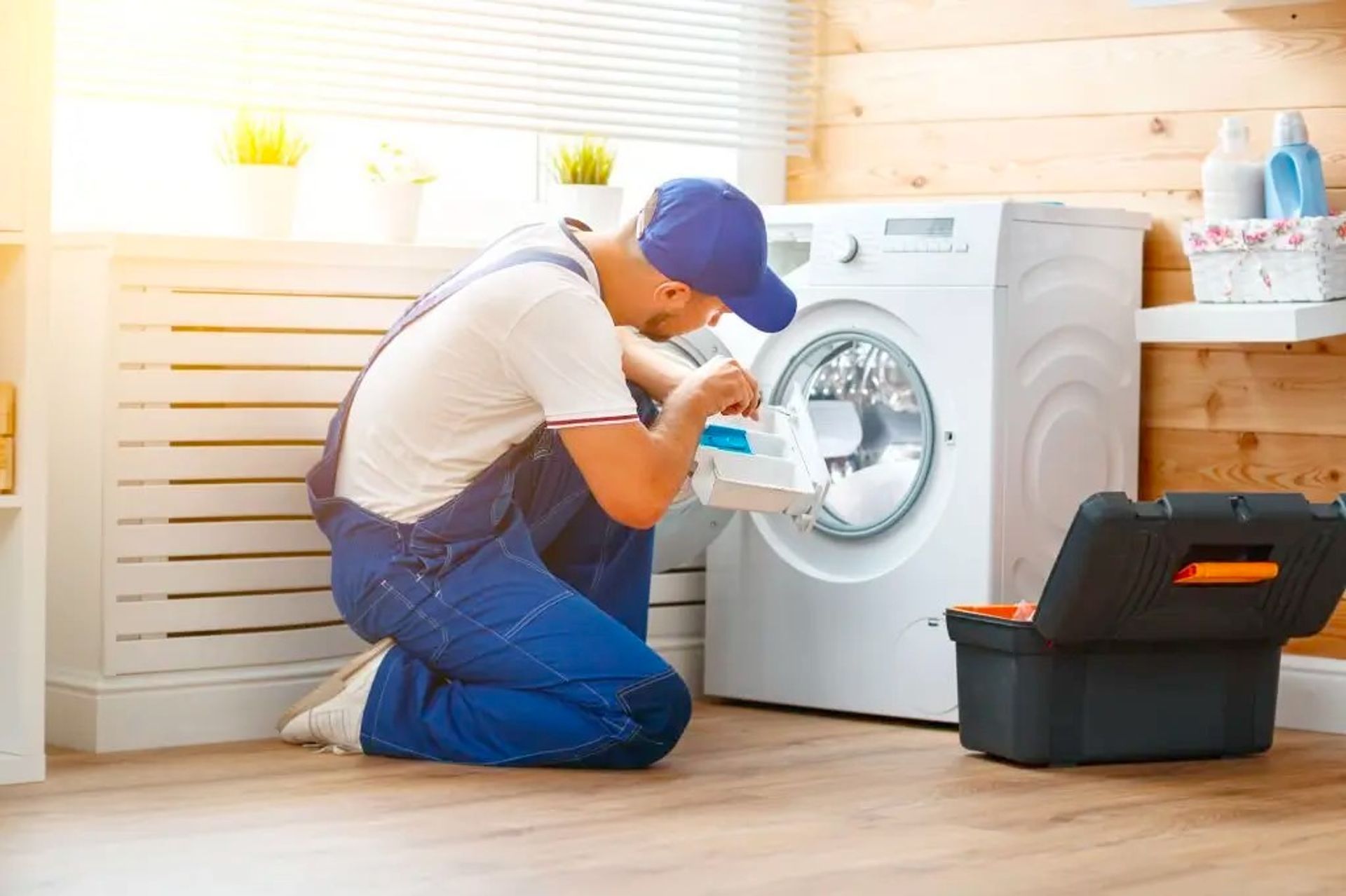 Hersteller Electro Repair & Replace controleert knielend het zeepbakje van een wasmachine