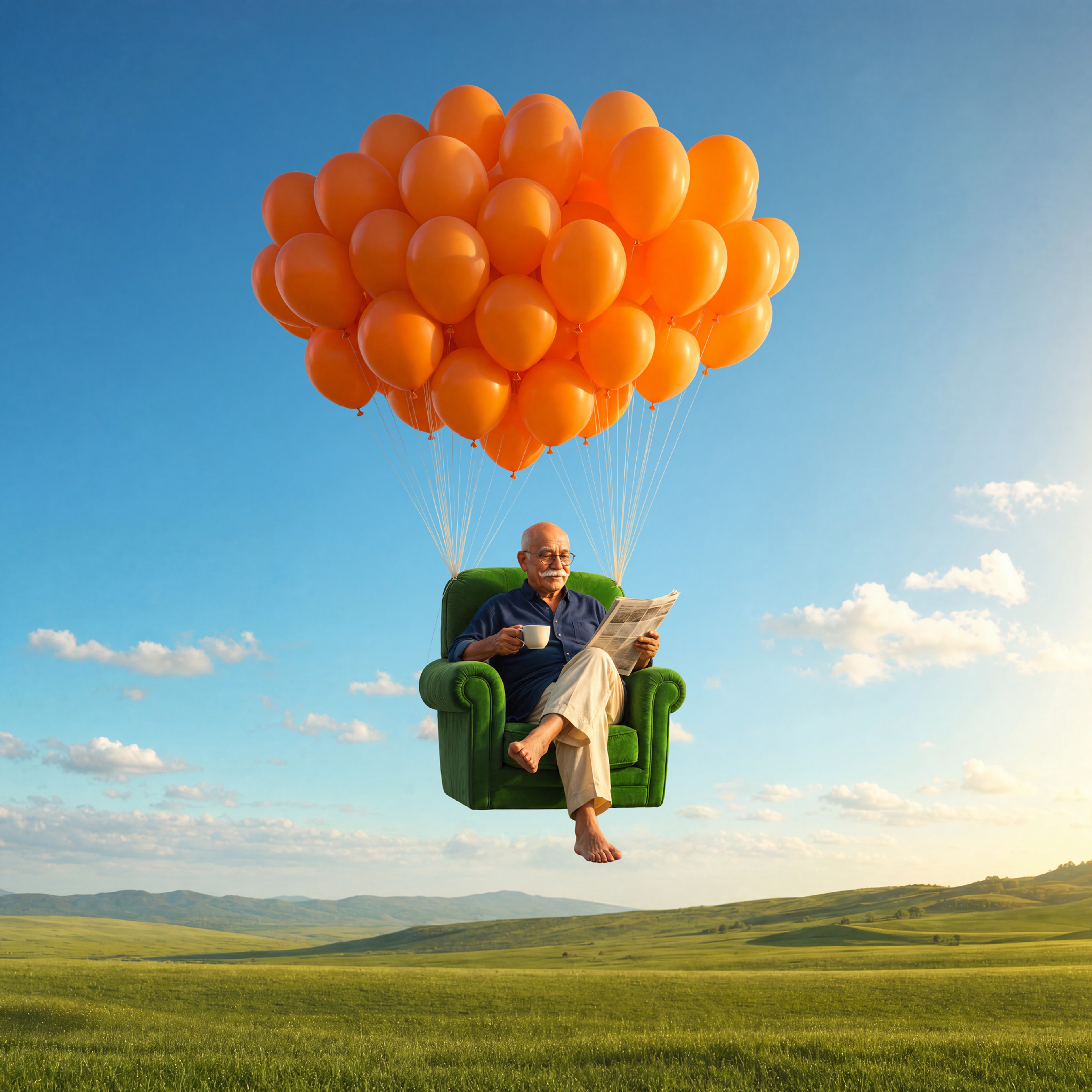 Een man zit in een stoel met oranje ballonnen die hem de lucht in doen zweven.