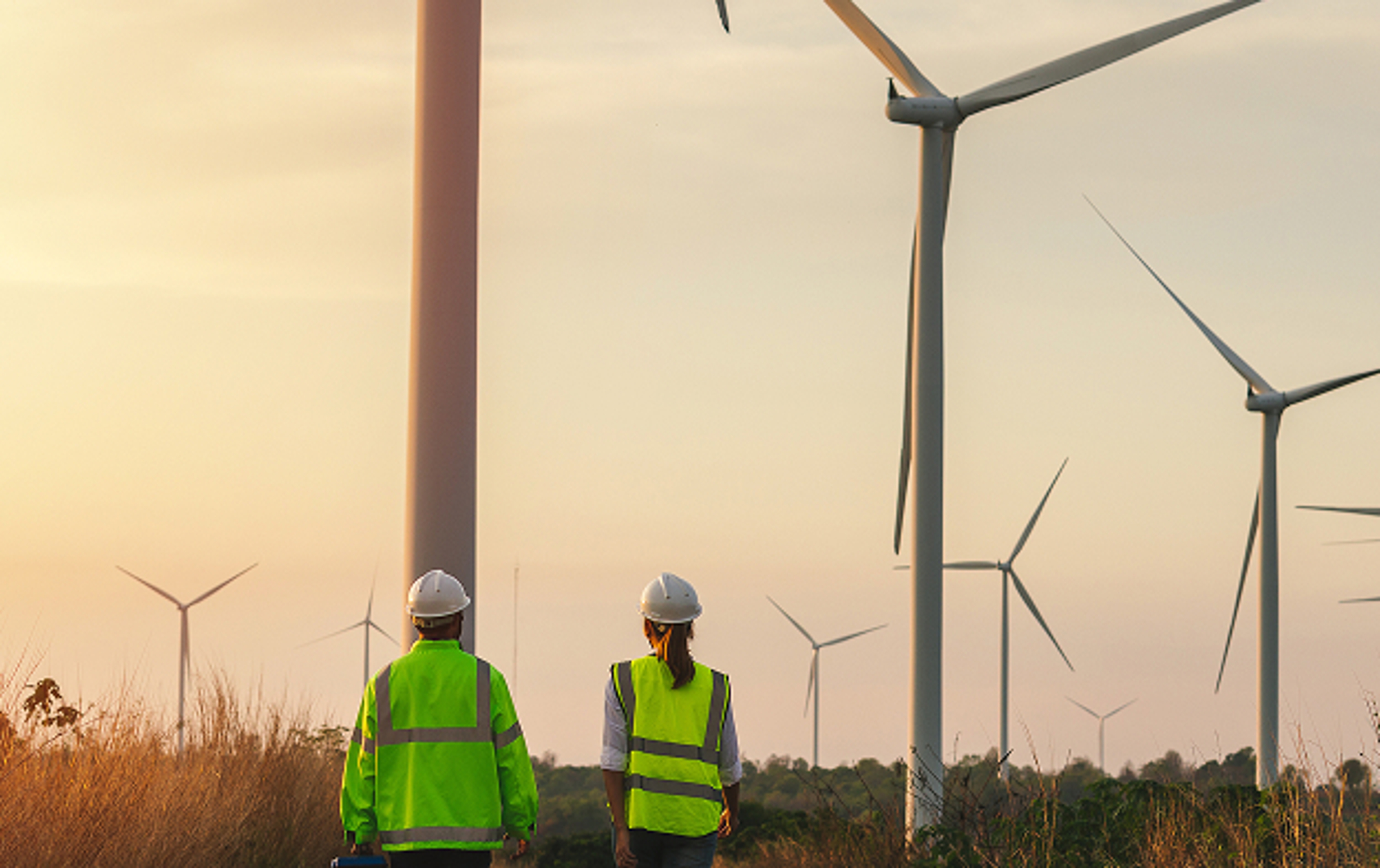 Man en vrouw met gele jas en hesje bij windpark met 7-tal windturbines