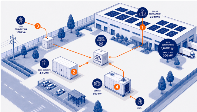 PowerGuard: infographic van een bedrijfssite met batterij, zonnepanelen, laadstation ...