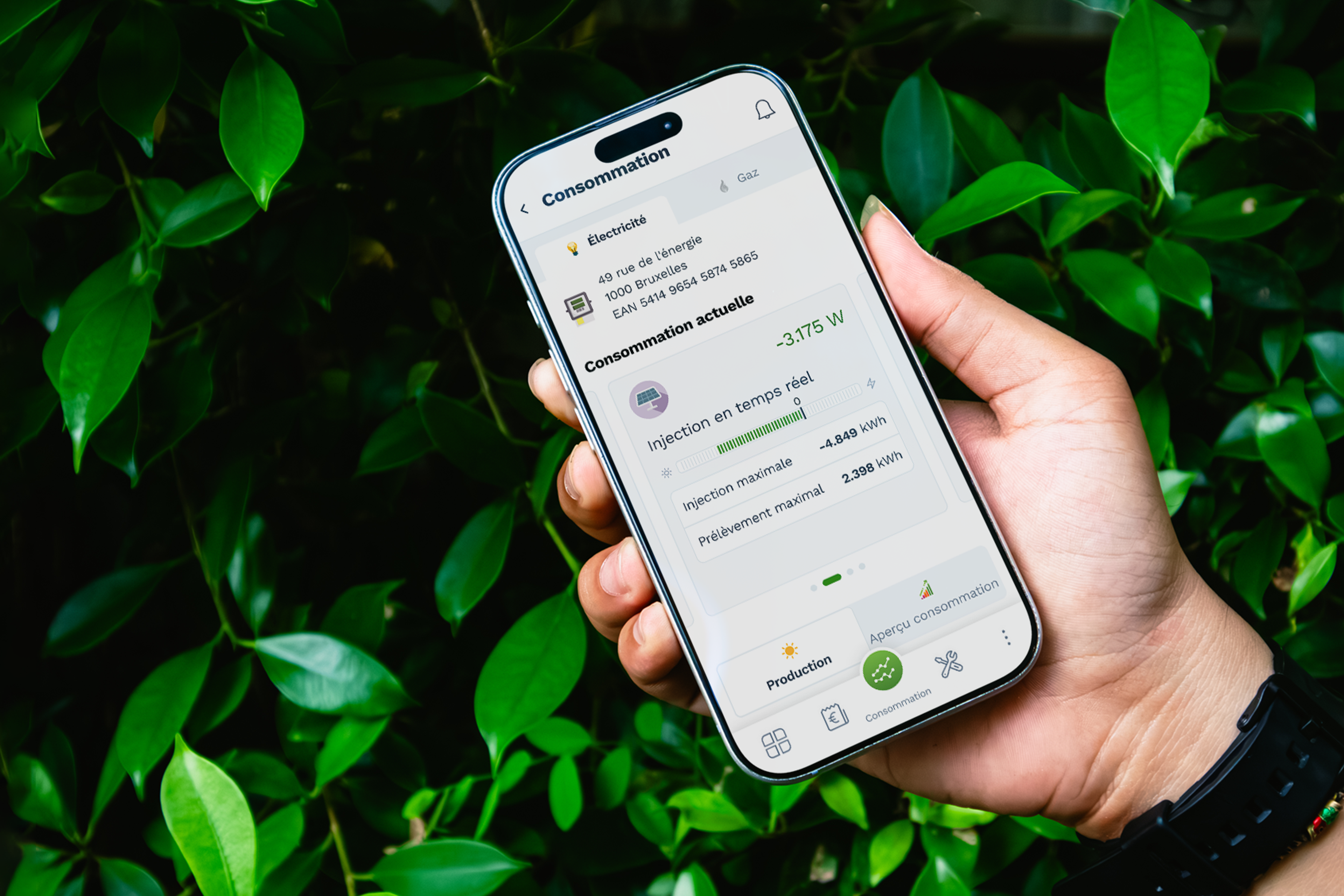 Sur un fond de feuillage vert, une main tient un smartphone affichant l'écran de l'EnergyControl Monitor.