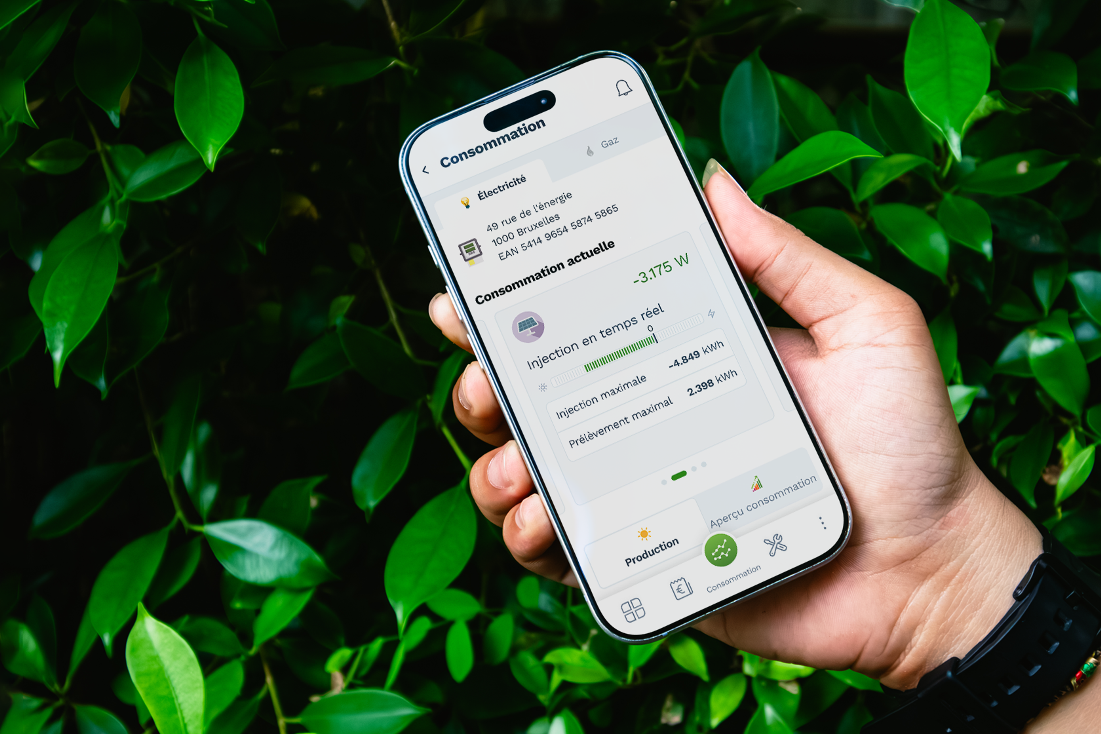 Sur un fond de feuillage vert, une main tient un smartphone affichant l'écran de l'EnergyControl Monitor.