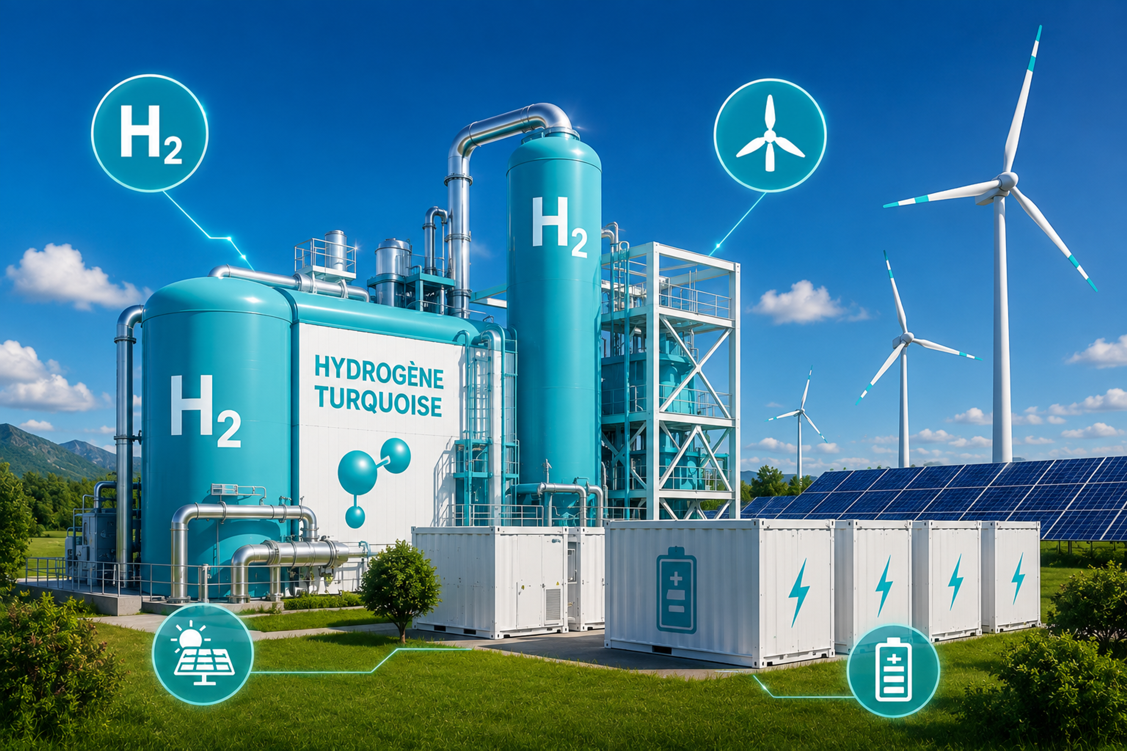 Installation de production d’hydrogène turquoise H2 avec quatre batteries et trois éoliennes.