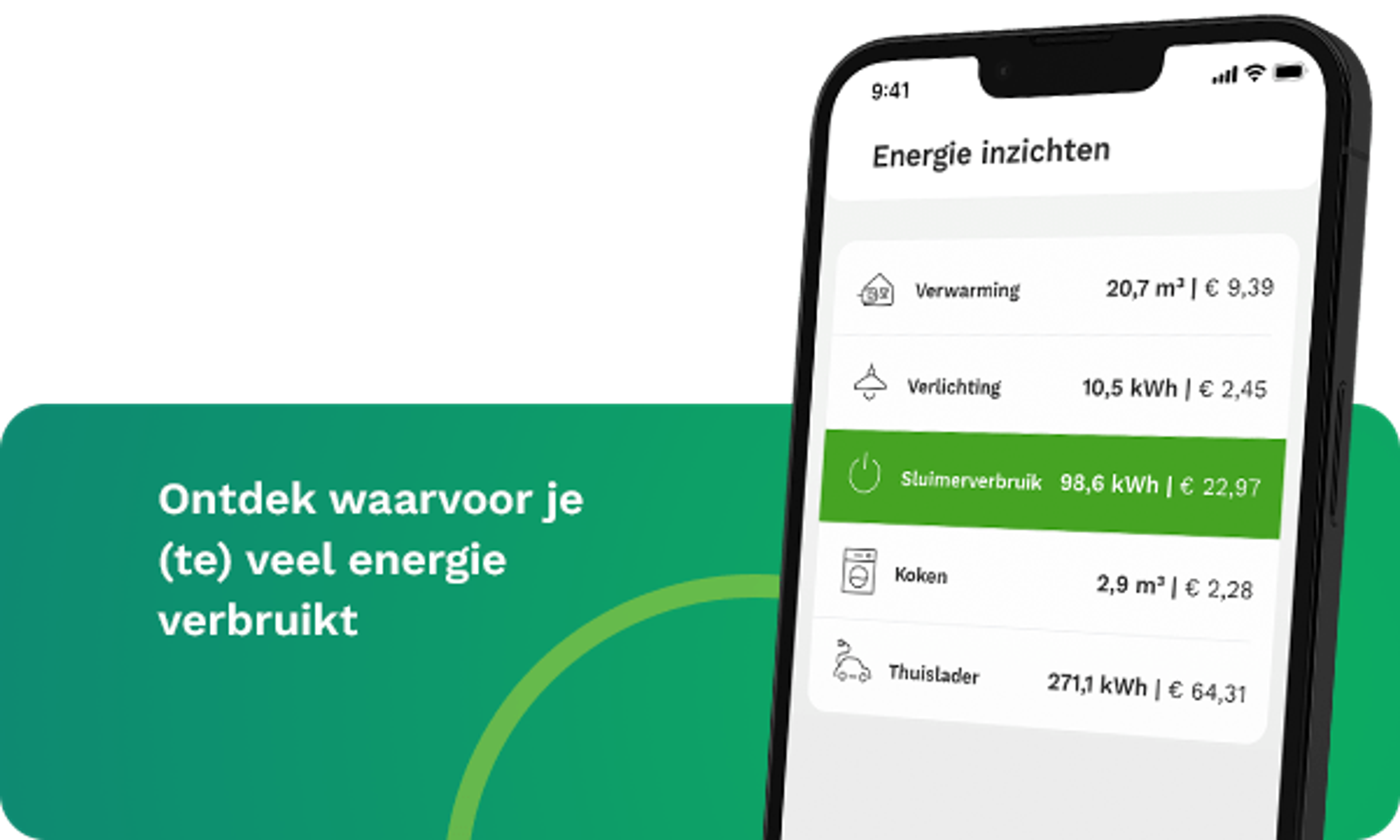 Screenshot uitgelicht op scherm smartphone: "Ontdek je energieverslinders"