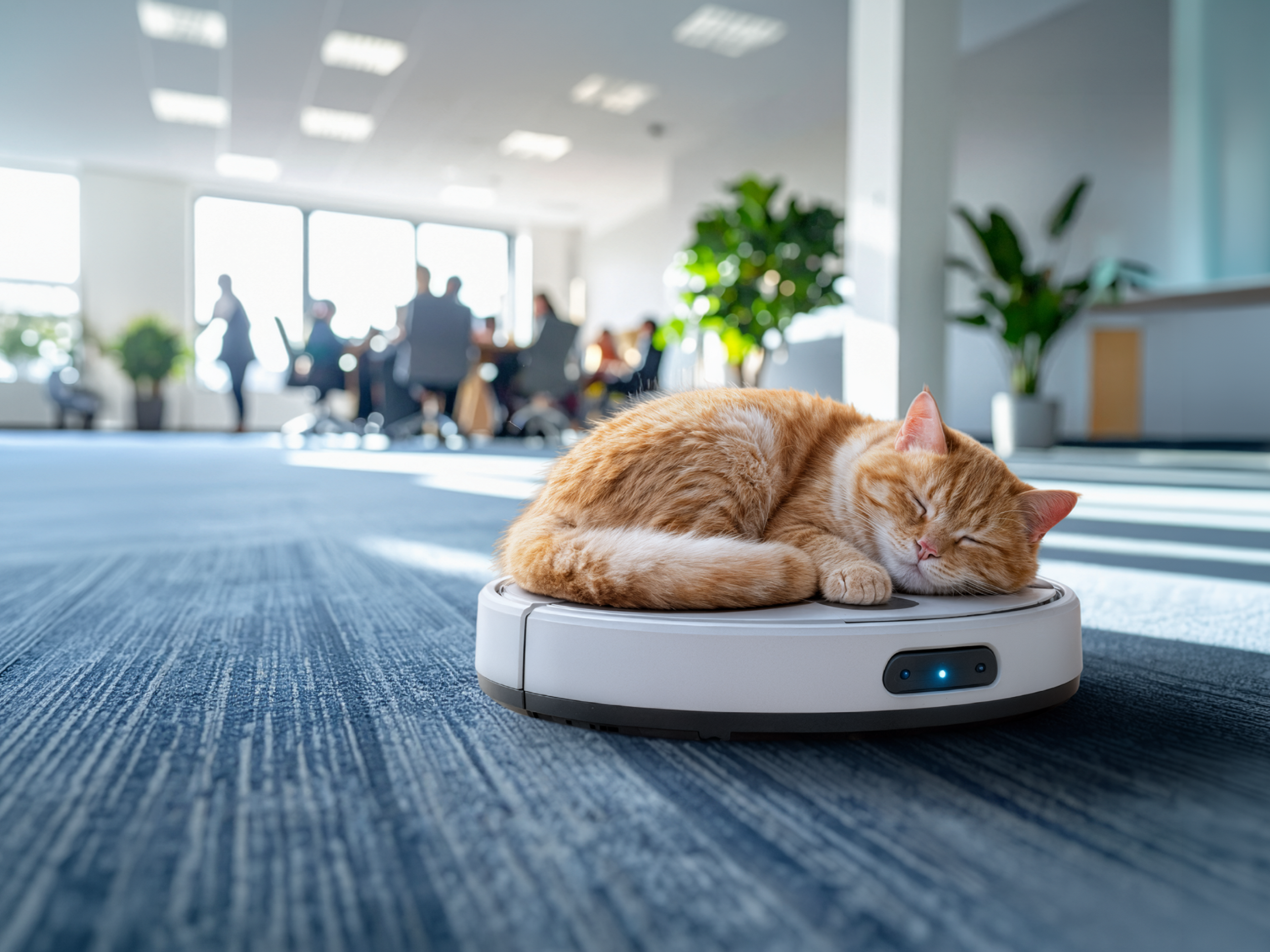 Slapende kat op een stofzuigerrobot in een open space kantoor.