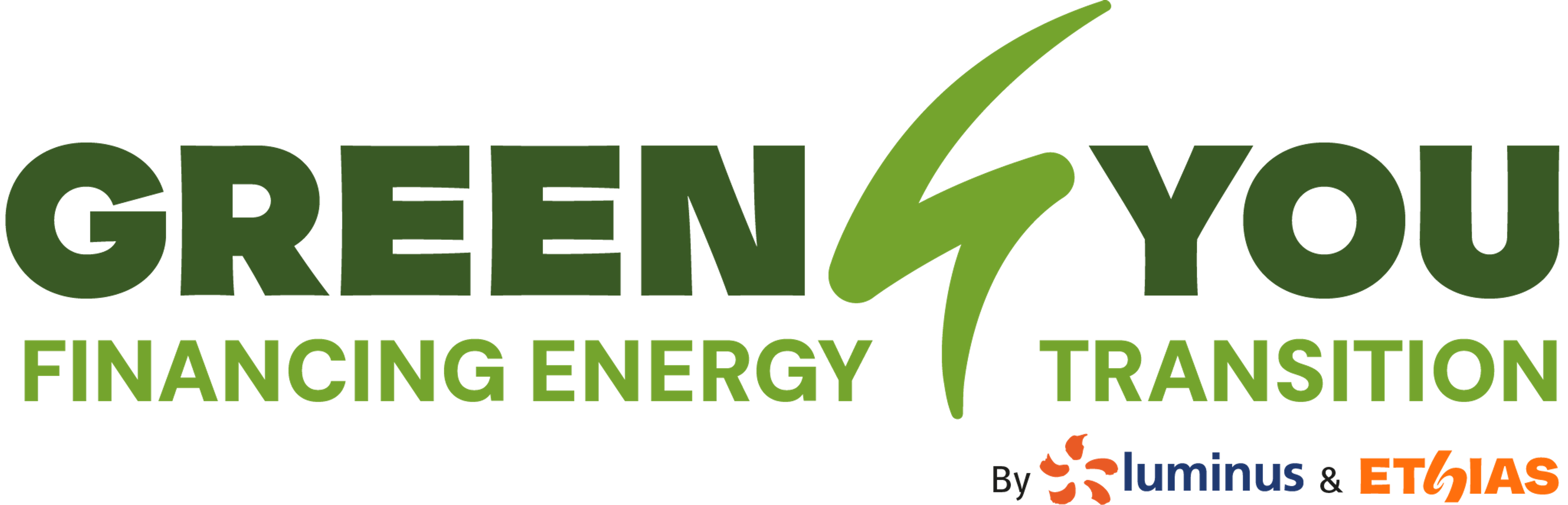 Logo Green4You met de baseline: financing energy trasition, by Luminus en Ethias.