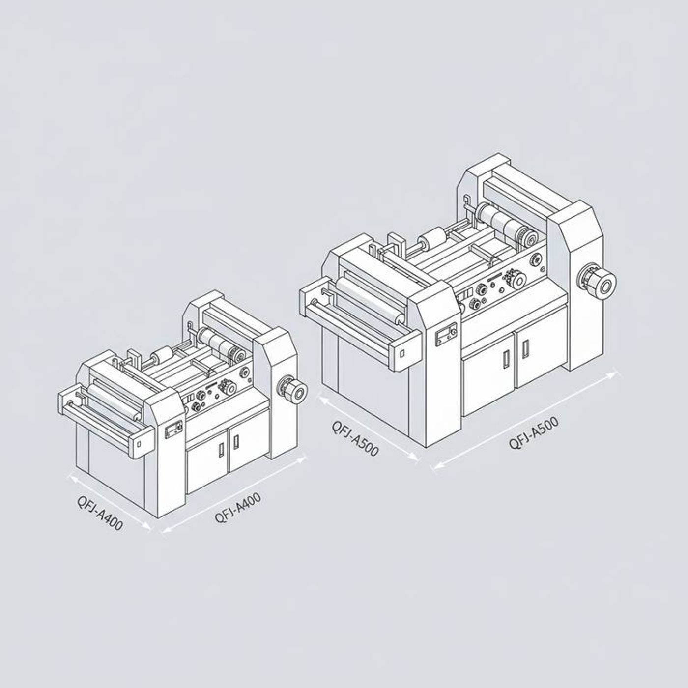A detailed comparison graphic showing the key differences in the QFJ-A400 vs QFJ-A500 slitting machine comparison