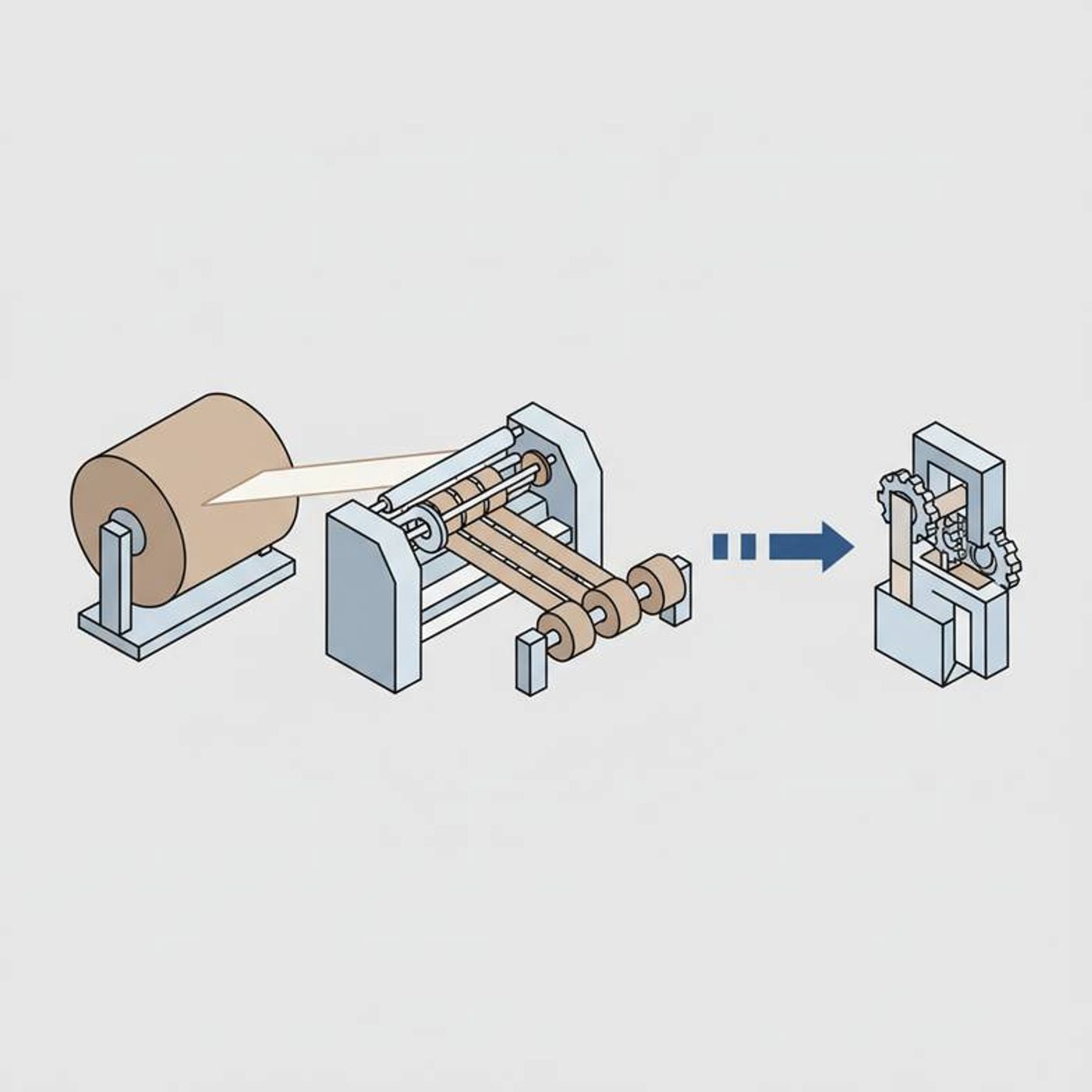 Workflow diagram illustrating jumbo paper roll being slit and rewound for a paper bag making machine.