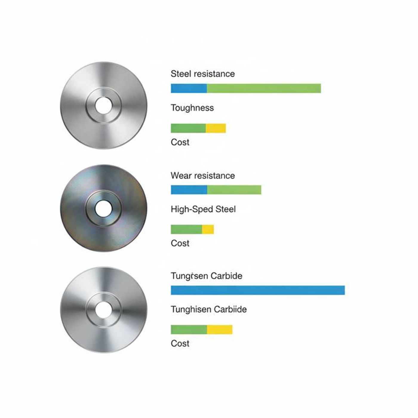A comparison table showing the properties of different circular slitter knife materials, including D2 tool steel, HSS, and Tungsten Carbide.